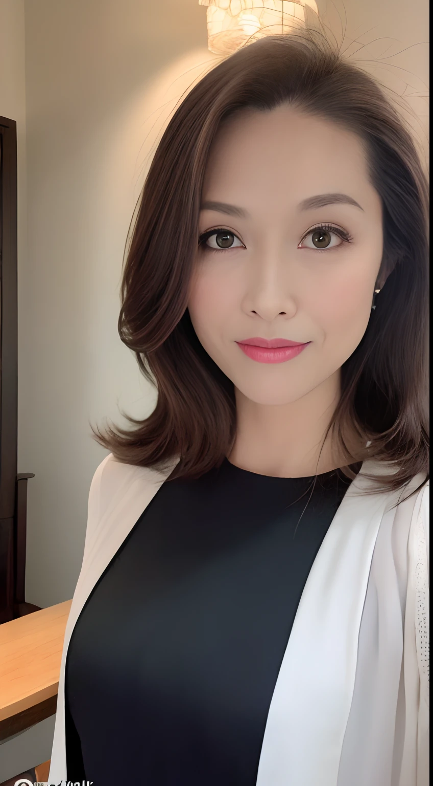 (best qualtiy,A high resolution,tmasterpiece:1.3),A tall and beautiful woman,Dark brown hair in loose wavy styling,nedium breasts,Wear a pendant,white button-down blouse,obi strip,a black skirt,(Modern architecture in background),Beautifully rendered details in face and skin textures,Detailed eyes,二重まぶた