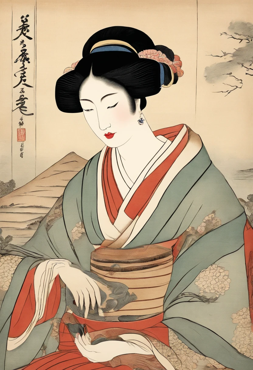 without background、simple background、Best Quality, Kitagawa Utamaro's style, ukiyoe painting, Woman playing cards,