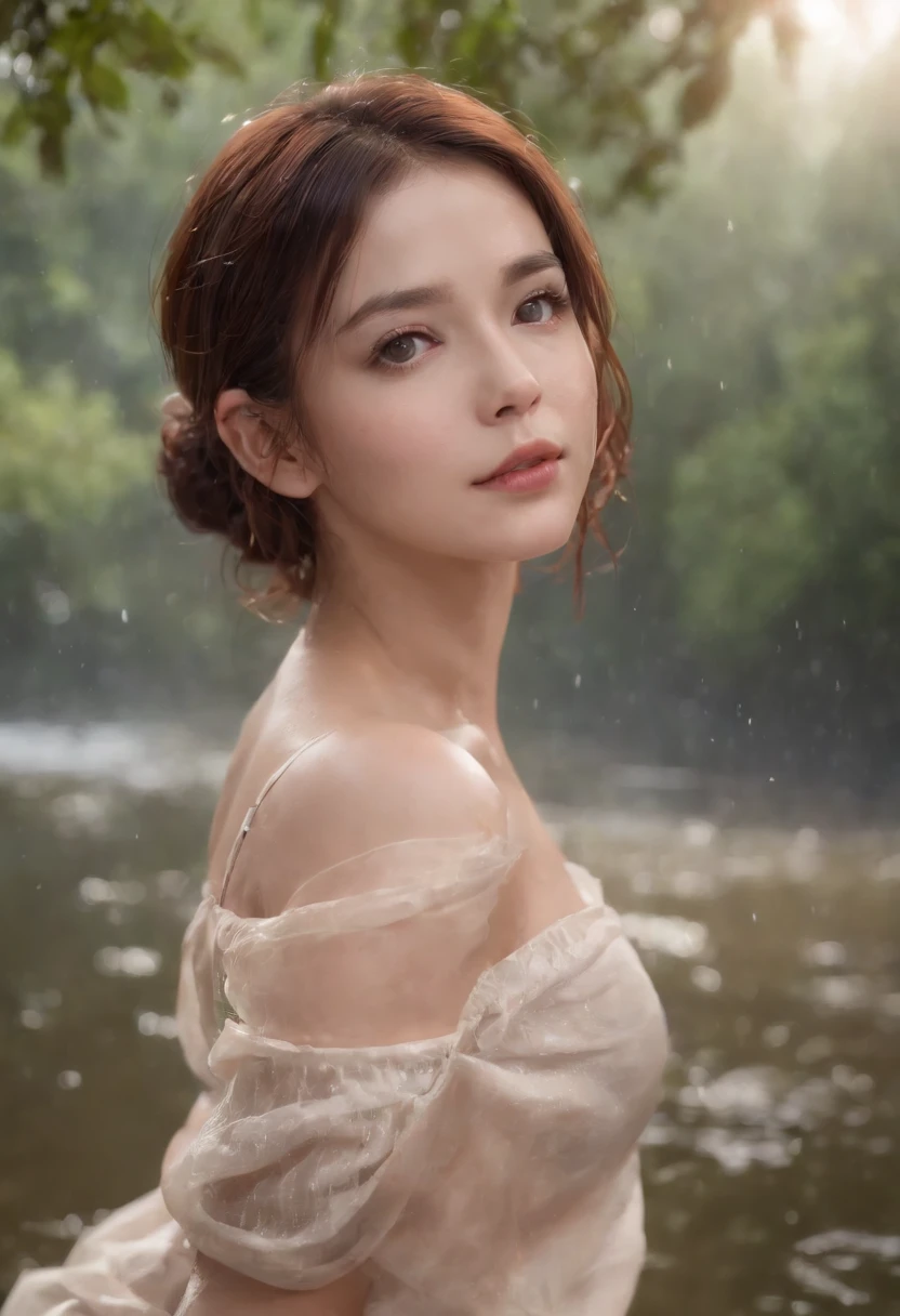 1girls, chesty, moon, lamp, nighttime, single, large boobs, Hair ornaments, wet, , Wade through the water.., Hair flowers, floral, outdoor, sky, full big moon, It's raining, black hairr, off shoulders, mountain, clouds, holding, bare shoulder, Paper lanterns, stand, night sky, sideboob, Obi,wet, smooth, trees, from the front, reflections, Short Hair Hair, Cloudy skies, Wet hair {{(master-piece), (Extreme detail CG Unity 8k wallpaper),beste-Qualit,,single,1girls,cinematic light,detailed background,eyes with beautiful details,bright pupils, (Extremely Delicate and Beautiful),(Beautiful and detailed eye description..),lifelike,smirk,full entire body,Legs,Panties