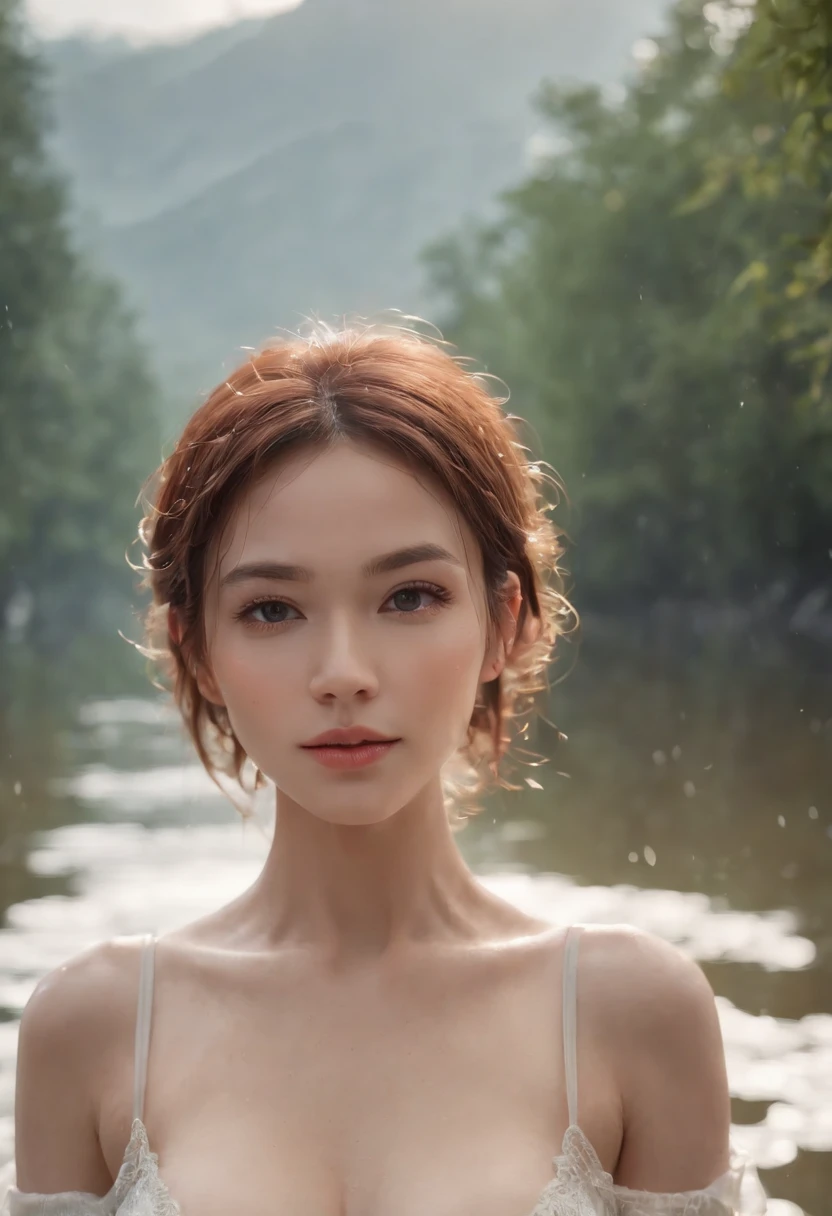 1girls, chesty, moon, lamp, nighttime, single, large boobs, Hair ornaments, wet, , Wade through the water.., Hair flowers, floral, outdoor, sky, full big moon, It's raining, black hairr, off shoulders, mountain, clouds, holding, bare shoulder, Paper lanterns, stand, night sky, sideboob, Obi,wet, smooth, trees, from the front, reflections, Short Hair Hair, Cloudy skies, Wet hair {{(master-piece), (Extreme detail CG Unity 8k wallpaper),beste-Qualit,,single,1girls,cinematic light,detailed background,eyes with beautiful details,bright pupils, (Extremely Delicate and Beautiful),(Beautiful and detailed eye description..),lifelike,smirk,full entire body,Legs,Panties