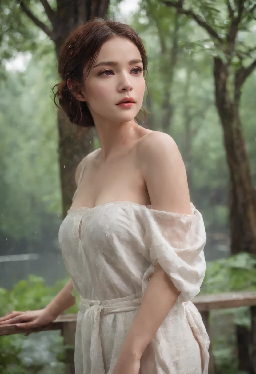 1girls, chesty, moon, lamp, nighttime, single, large boobs, Hair ornaments, wet, , Wade through the water.., Hair flowers, floral, outdoor, sky, full big moon, It's raining, black hairr, off shoulders, mountain, clouds, holding, bare shoulder, Paper lanterns, stand, night sky, sideboob, Obi,wet, smooth, trees, from the front, reflections, Short Hair Hair, Cloudy skies, Wet hair {{(master-piece), (Extreme detail CG Unity 8k wallpaper),beste-Qualit,,single,1girls,cinematic light,detailed background,eyes with beautiful details,bright pupils, (Extremely Delicate and Beautiful),(Beautiful and detailed eye description..),lifelike,smirk,full entire body,Legs,Panties