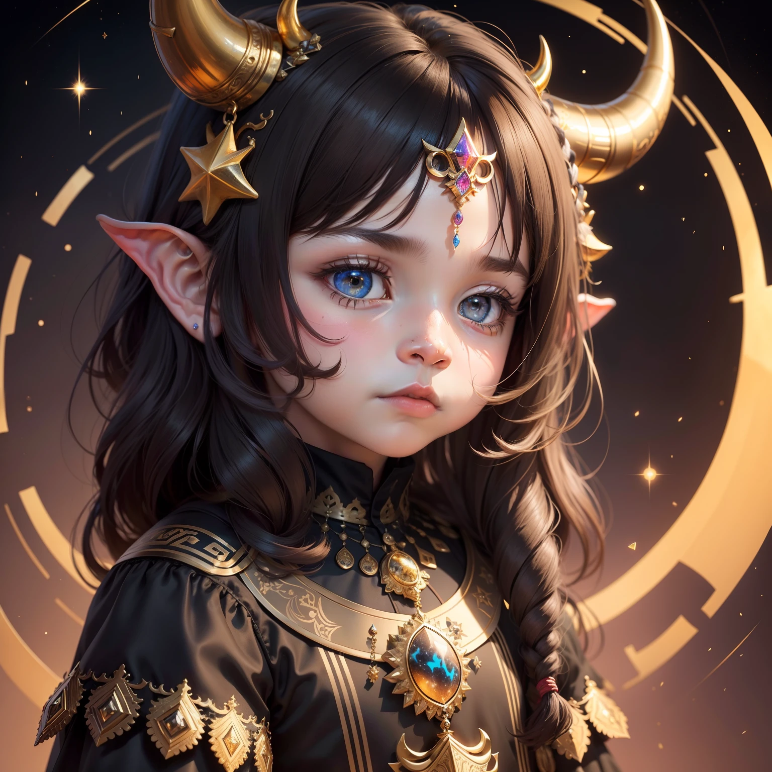 (tmasterpiece,top Quority,best qualtiy,offcial art,Beauty and aesthetics:1.2),(Boy),golden taurus,cow horn,Cow ears,,constellation,Extremely detailed,(s fractal art:1.3),Extremely colorful,Most detailed,Toddler faces