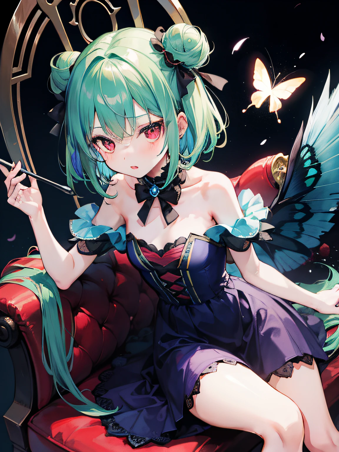 {Moist feather(ho****ve)}, 1girl, short hair, double bun, {emeraldgreen hair}, {{Red eyes}}、​masterpiece、top-quality、flat chest, 小柄、{hatred}、irate、{Deadly}、demon king、{full bodyesbian}、a throne、Aura of Darkness、Dark blue dress、demon realm、Blue winged butterfly、watching at viewers、