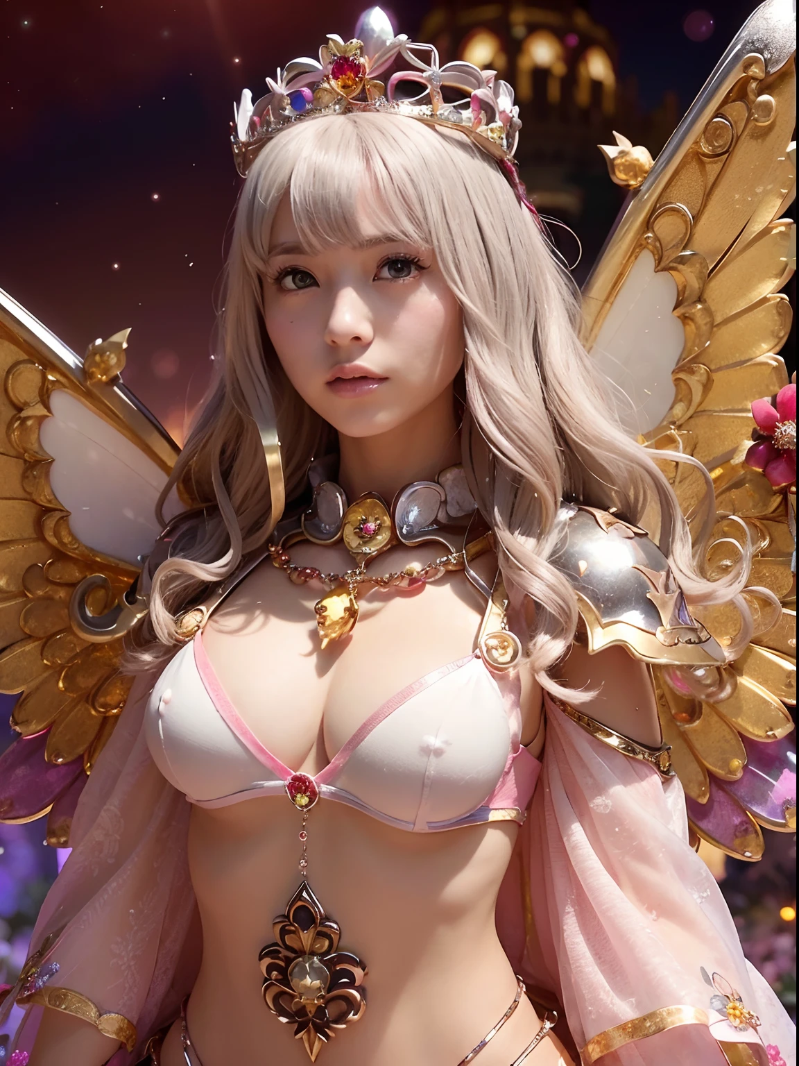 (masutepiece), Professional , ​masterpiece、top-quality、photos realistic , depth of fields （Gemstone Flower Metal Body:1.4),(Matte Silver Pink、Jewel Gold Weapon、（Gorgeous castle background）、（ultimate beauty girl）、（Flower rainbow fairy wings grow）、（Jewel Flower Metal Body:1.９),Gorgeous Jewel Metal Weapons , Detailed Sword of the Brave ,（ a blond）   ,warhammer 40k ,(（Floral Micro Bikini）)、Particles of light、（Beautiful flower garden background）、 adepta sororitas,Detail and ornate jewel crown、独奏、Brown hair、（Gangle's forest background）、Beautiful Caucasian beauty、１a person、dynamic ungle,(((Diamond tiara with detail and luxury)))、a small face、Powerful poses、（Gorgeous castle background）、huge filesize、20 year old beautiful woman、Thin female fingers、Straight long hair、Beautiful Caucasian beauty、Valley、Fairy of Light、Particles of light、