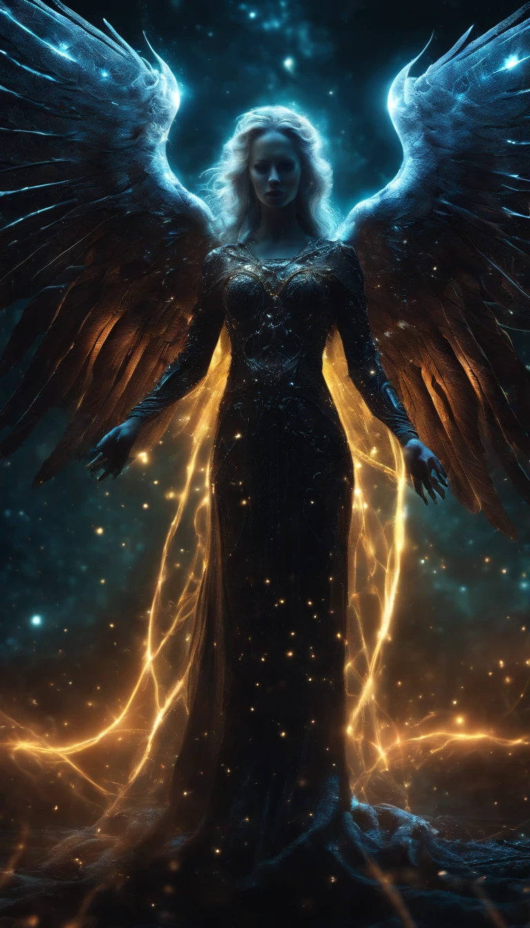 Cosmic Fallen Angel, glowing light eyes, Biomechanical, eerie, Creepy, nightmarish, Very bright colors, Light particles, with light glowing, Mshiv, wallpaper art, UHD wallpaper