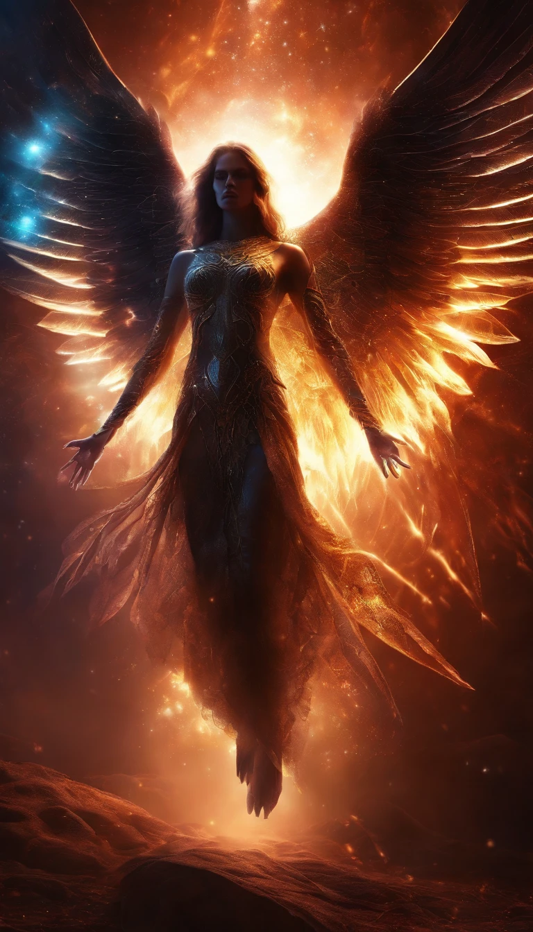 Cosmic Fallen Angel, glowing light eyes, Biomechanical, eerie, Creepy, nightmarish, Very bright colors, Light particles, with light glowing, Mshiv, wallpaper art, UHD wallpaper
