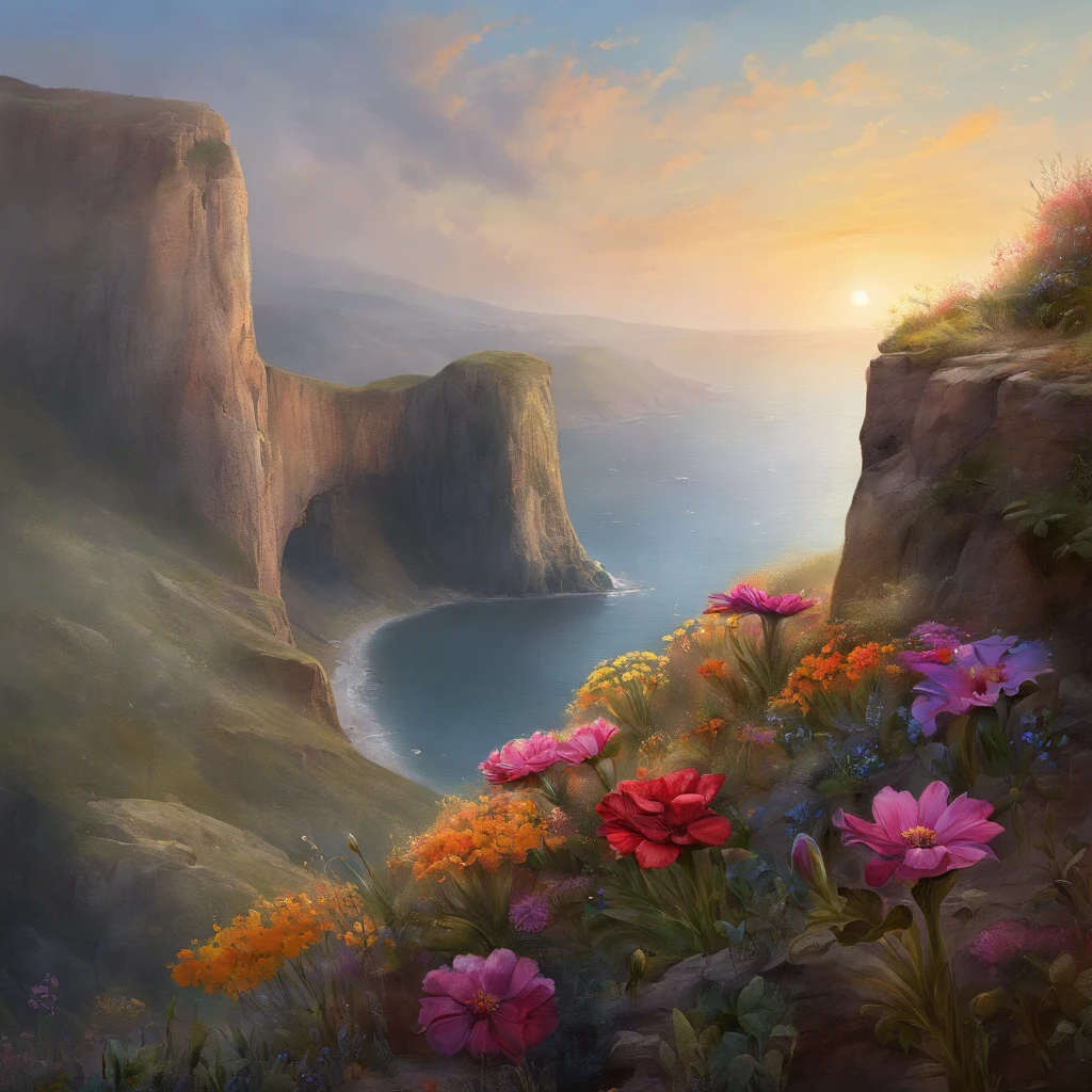 a cliff many flowers, colorful flowers, beautiful sky, matte painting 8k, matte paint 8K, vertical wallpaper 8K, vertical wallpaper 8K, vertical wallpaper 4K, vertical wallpaper 4K, lost series, realistic fantasy rendering, digital painting with 8K resolution, digital painting with 8K resolution, Jessica Rossier fantasy art, 4K rendered matte painting,  matte paint rendered in 3D