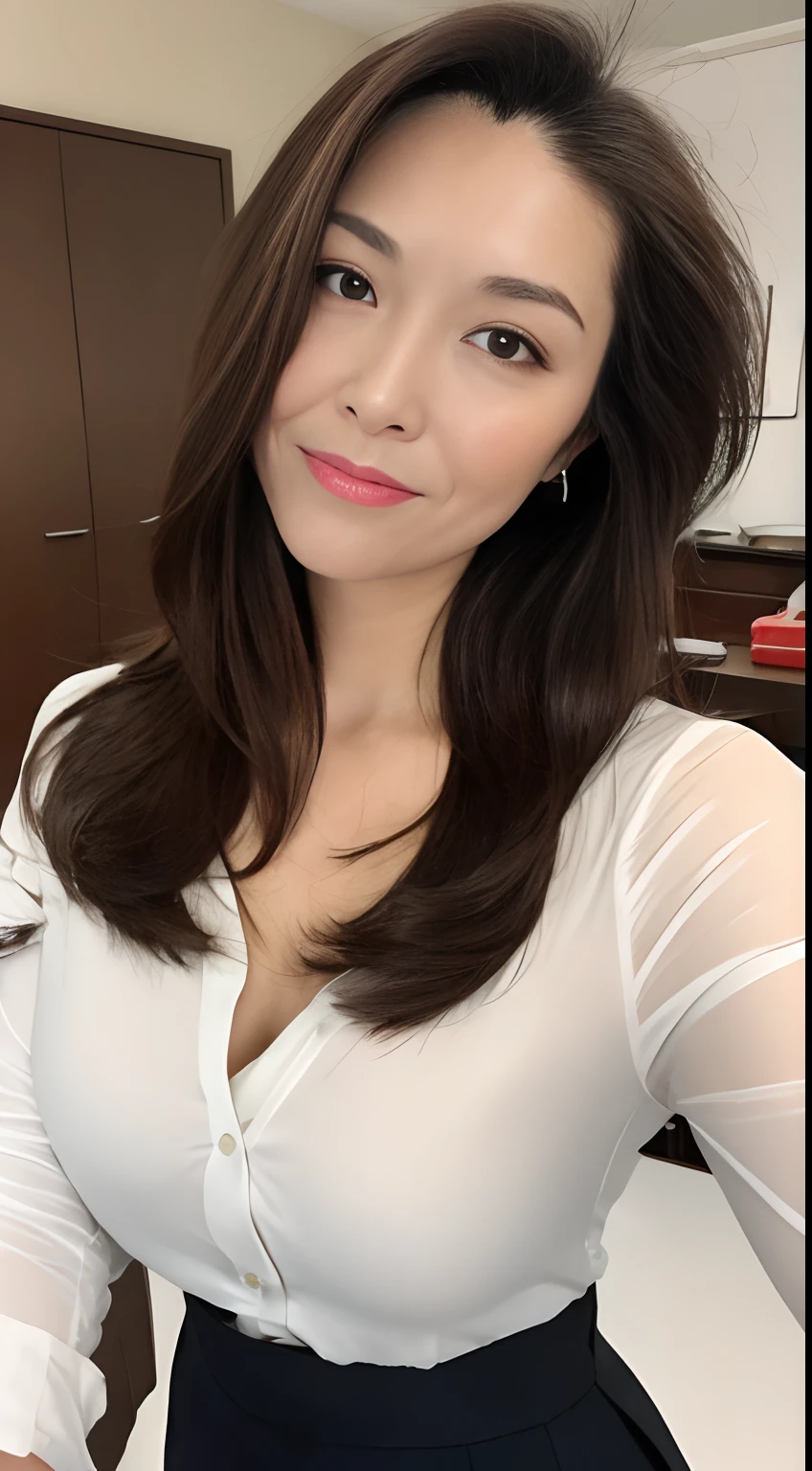 （best qualtiy，A high resolution，tmasterpiece：1.3），A tall and beautiful woman，Dark brown hair in loose wavy styling，nedium breasts，Wear a pendant，white button-down blouse，obi strip，a black skirt，（Modern architecture in background），Beautifully rendered details in face and skin textures，Detailed eyes，二重まぶた