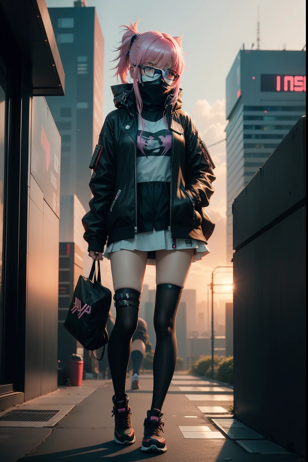 Anime girl standing on the roof, cyberpunk anime girl, Anime cyberpunk moderno, anime cyberpunk art, anime cyberpunk, cyber punk style, , cyberpunk anime art, female cyberpunk anime girl, very modern anime style, Glasses,at cyberpunk city, modern anime style, anime girls drink Energy drink, Digital cyberpunk anime art, Cyberpunk vibe, digitl cyberpunk - anime art,blond girl,eyes girl,short hair girl,Full body like,black black jacket,mouth mask,Respiratory masks