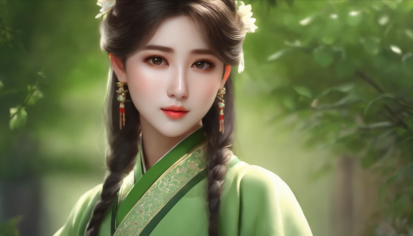 Close-up of a man in a green dress and tie, lovely digital painting, adorable digital art, Cute detailed digital art, Palace ， A girl in Hanfu, Beautiful character painting, light green tone beautiful face, render of a cute 3d anime girl, Realistic anime 3 D style, Cute cartoon character, cute 3 d render, Realistic cute girl painting