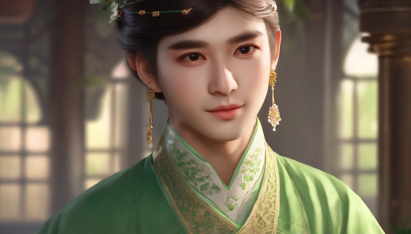 Close-up of a man in a green dress and tie, lovely digital painting, adorable digital art, Cute detailed digital art, Palace , A girl in Hanfu, Beautiful character painting, light green tone beautiful face, render of a cute 3d anime girl, Realistic anime 3 D style, Cute cartoon character, cute 3 d render, Realistic cute girl painting