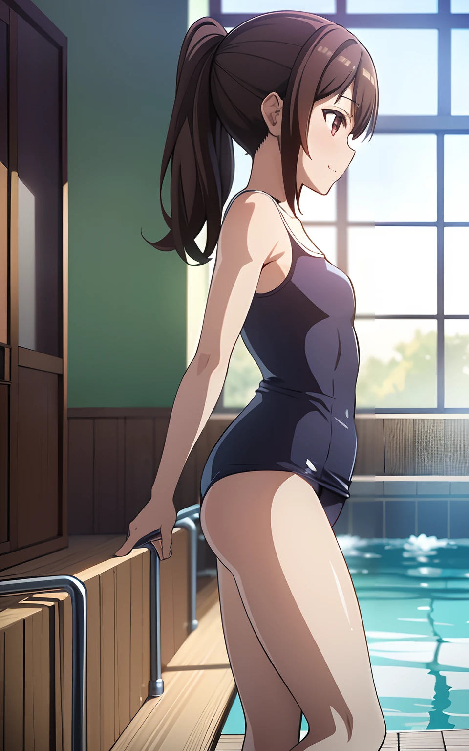 (Unity 16K Wallpaper, masutepiece, Best Quality, Ultra-detailed, extremely details CG, Caustics, Cinematic lighting, Detailed, Beautiful detailed eyes, Solo,swimming-pool),Ultra High Resolution, Fine skin、Sexy,curby,NSFW,(School Swimsuit:1.3), Brown eyes、Small breasts,、From Side、Enter the pool、fullnude、