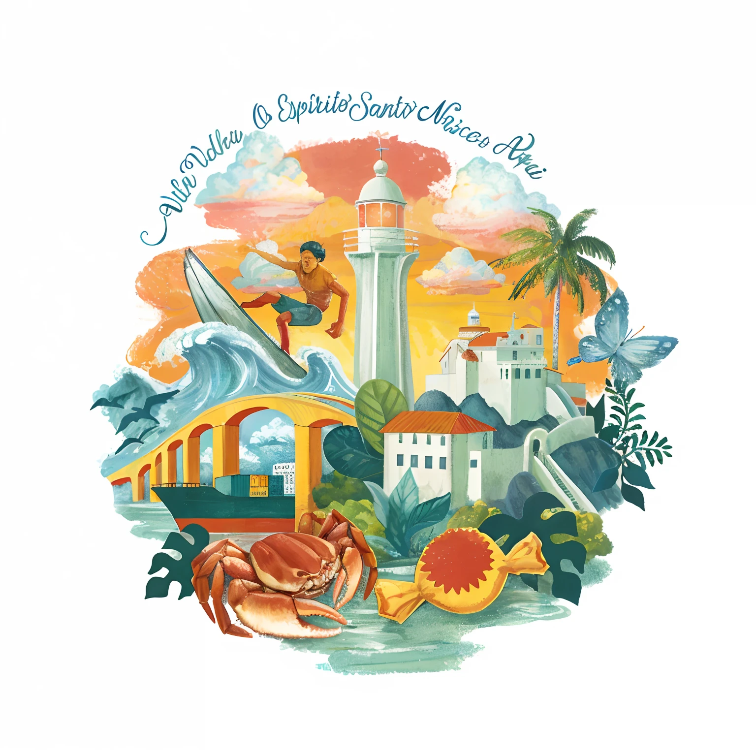 recrie a imagem, em aquarela, There is a crab and a crab in the water with a lighthouse in the background, official print, full-colour illustration, color digital illustration, vignette illustration, official illustration, Miami. illustration, logotipo ilustrado, Directed by: Winona Nelson, full-page illustration, arte oficial, Directed by: Cecile Walton, Directed by: William Miller, cartaz ilustrado, Directed by: Kristin Nelson, higher detailed illustration