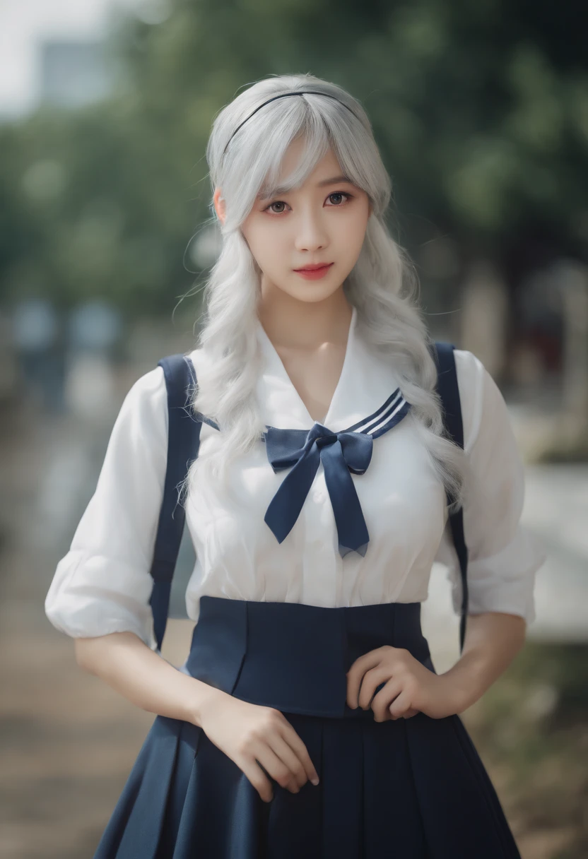 (8k, RAW photo, best quality, masterpiece:1.2), ulra high res, (photorealistic:1.4), 1girl, (kpop idol), (aegyo sal:1), ((puffy eyes)), looking at viewer,(realistic, photo-realistic:1.37), 1girl, professional lighting, photon mapping, radiosity, physically-based rendering, Kei_Shirogane,long_hair,blue_eyes, (hairband), (White hair:1), (school uniform:1), expressionless, \(cosplay\), medium breast, perky tits, 21charturnerv2