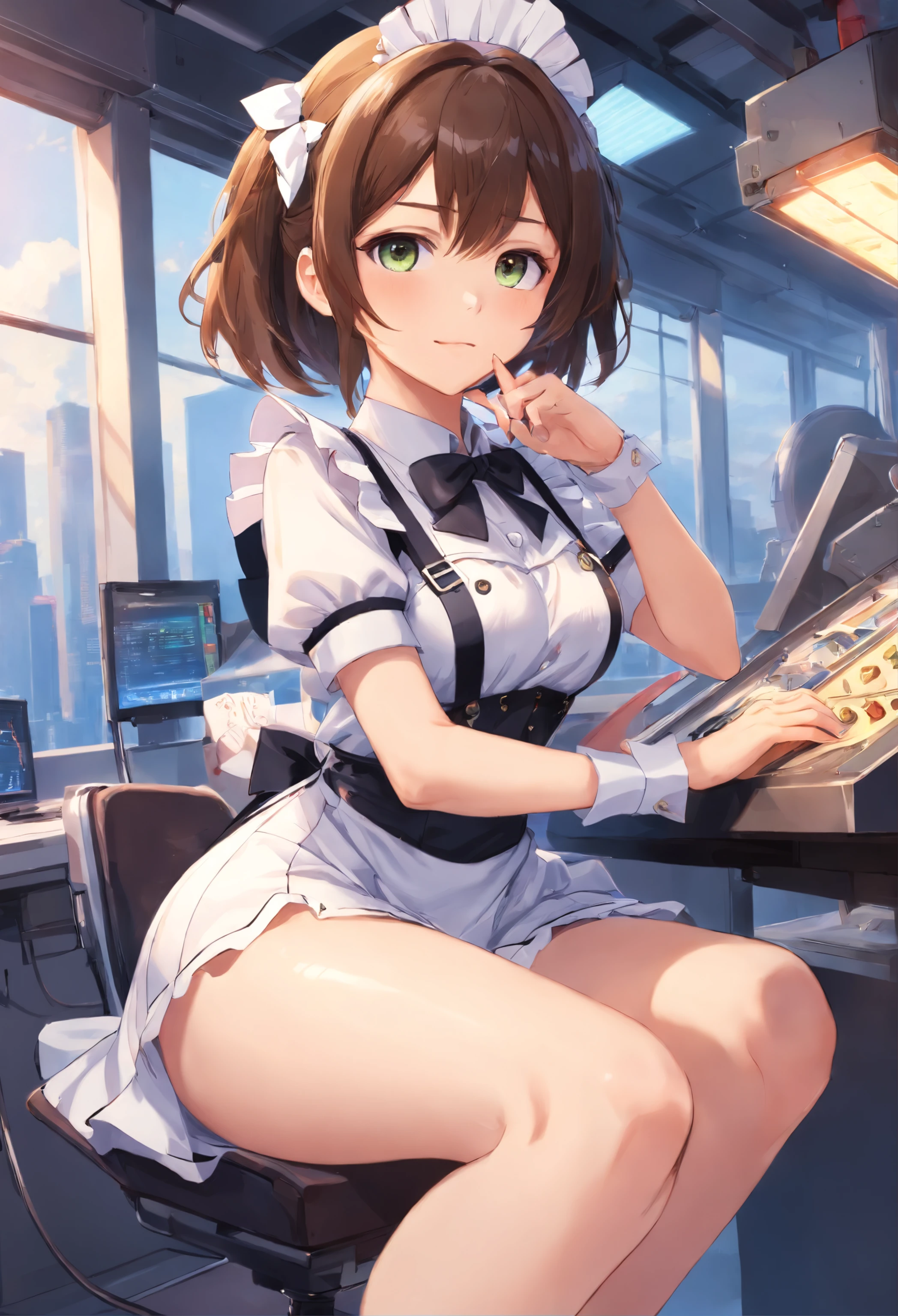 (RAW photo, Best quality, Masterpiece:1.2)、 (Realistic, photo-realistic:1.4)、(Masterpiece:1.4)、(Best quality:1.4,、Rendu portrait 8k、(Fidelity、Fidelity:1.4)、Look up、simplebackground、Flying wing zero、full bodyesbian、sci-fy、mechs、Up、machine girl、The girl wears a maid outfit、Exposed flesh、huge tit、Exposed chest、showing white panties、short skirt、looks into camera、Cute、Full body appearance、black lence stockings、Suspenders、Suspenders、beautifullegs、delicate finger、With a slight smile、Crossed waist with one hand、Mecha Maiden、duck sitting