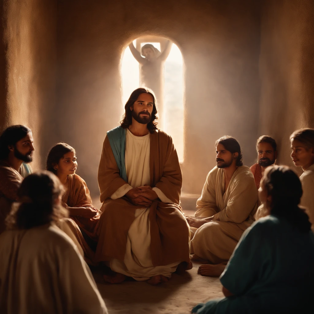 Bust image of Jesus，He sat in a cozy room，Surround yourself with a group of people。His hands were outstretched，It expresses the spirit of equality and solidarity。He looked at everyone，Listen to them，Give them warmth and comfort。The painting presents Jesus as our teacher and friend，Share the joys and challenges of life with us
