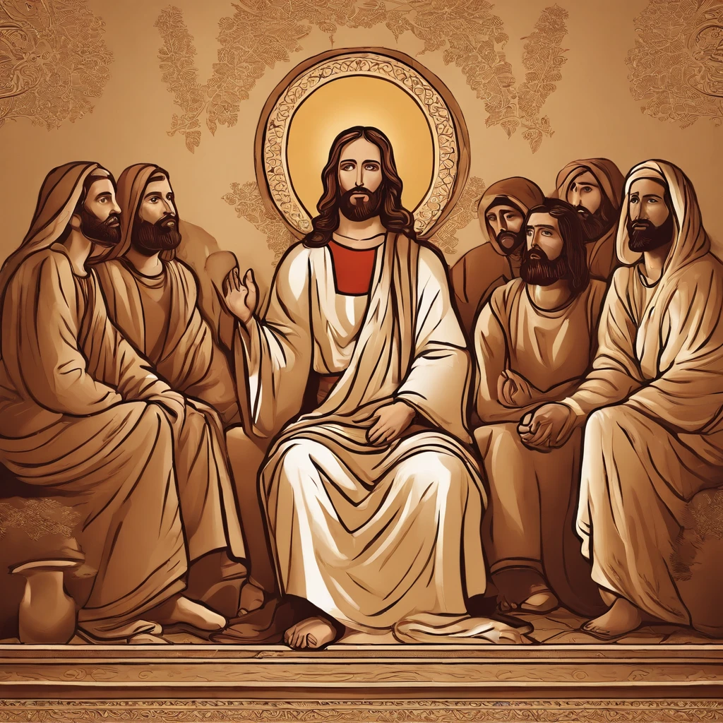 Bust image of Jesus，He sat in a cozy room，Surround yourself with a group of people。His hands were outstretched，It expresses the spirit of equality and solidarity。He looked at everyone，Listen to them，Give them warmth and comfort。The painting presents Jesus as our teacher and friend，Share the joys and challenges of life with us