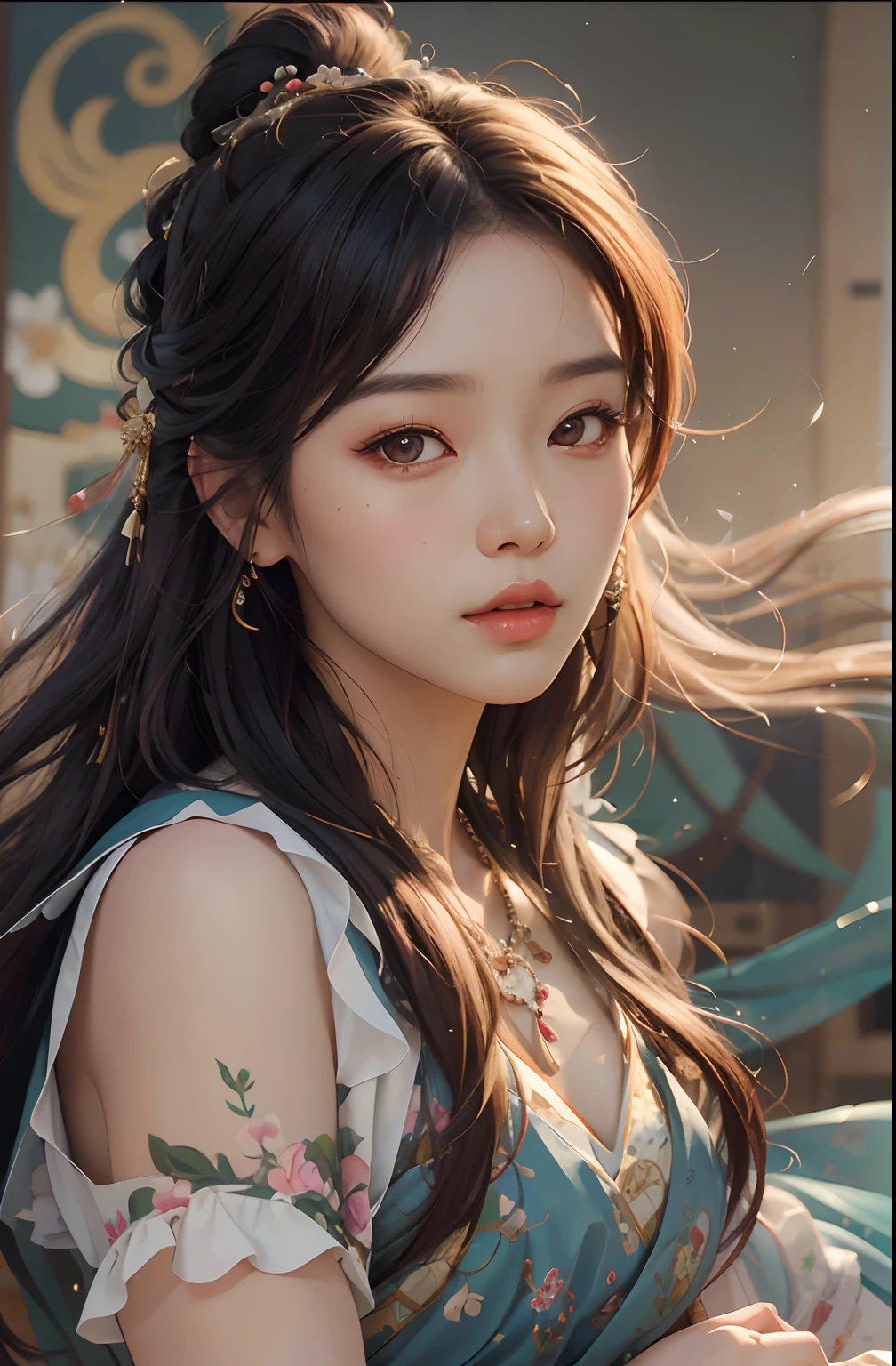 Arakfi Asian woman,Long hair and floral dresses, Guviz-style artwork, Soft portrait shot 8 K, Rendu portrait 8k, Beautiful digital artwork, beautiful realistic photo, 8K Artgerm bokeh, photorealistic anime girl rendering, Beautiful digital illustration, Ross Tran 8 K, trending on cgstation, Realistic. Cheng Yi