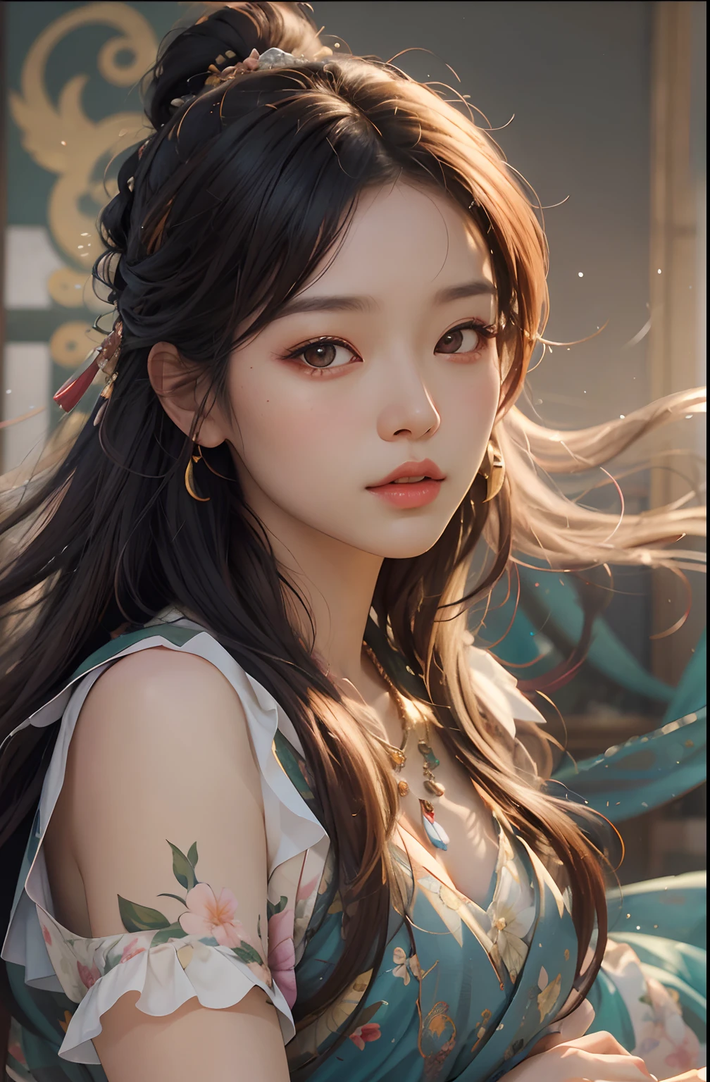 ((best best quality)), ((MasterPiece)), (Detail:1.4), 3D, A beautiful cyberpunk female image,HDR(high dynamic range),RayTrace,nvidia rtx,The ultra-Resolution,Unreal 5,Subsurface scattering、pbr texturing、postprocessing、Anisotropic Filtering、depth offield、Maximum Clarity and Clarity、Many-Layer Textures、Albedo and Specular map、Surface coloring、Mitsu-Accurate simulation of material interactions、Perfect Scale、octanerendering、Two-colored light、large aperture、low ISO、white balance、Rule of Thirds、8K RAW、beautiful bright pupils,flowing robe,Fine pupils,Detailed face and eyes,Long Lashes,Blushlush,voluminous hair,Tender red lips