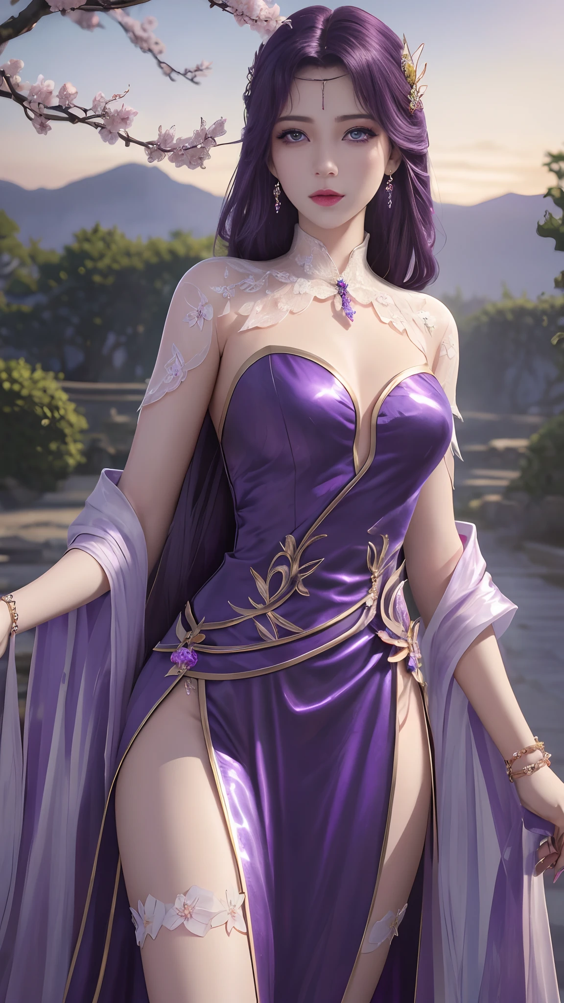 (,1girll, angle of view,Best quality, ) , (((,1girll, Solo,, view the viewer, Cherry blossoms, , purple_Hair, purple_Eyes, Long_Hair, Solo, Cloud, jewelry, dress, Sunset, sky ))) ultra realistic 8k cg, Flawless, Clean, Masterpiece, Professional artwork, Famous artwork, Cinematic lighting, Cinematic bloom, Perfect face, Beautiful face,,fantasy, smallunderboob,The upper part of the body,Dreamlike, unreal, Science fiction, Lace, Lace trim, lace-trimmed legwear, luxury goods, jewelry, Diamond, gold, the pearl, Pedras preciosas, Sapphire, Ruby, Emerald, intricately details, Delicate pattern, Charming, Alluring, Seductive, Erotic, Enchanting, hair adornments, necklace, Earrings, Bracelet, armlets,Halo,Autumn,dynamicposes。