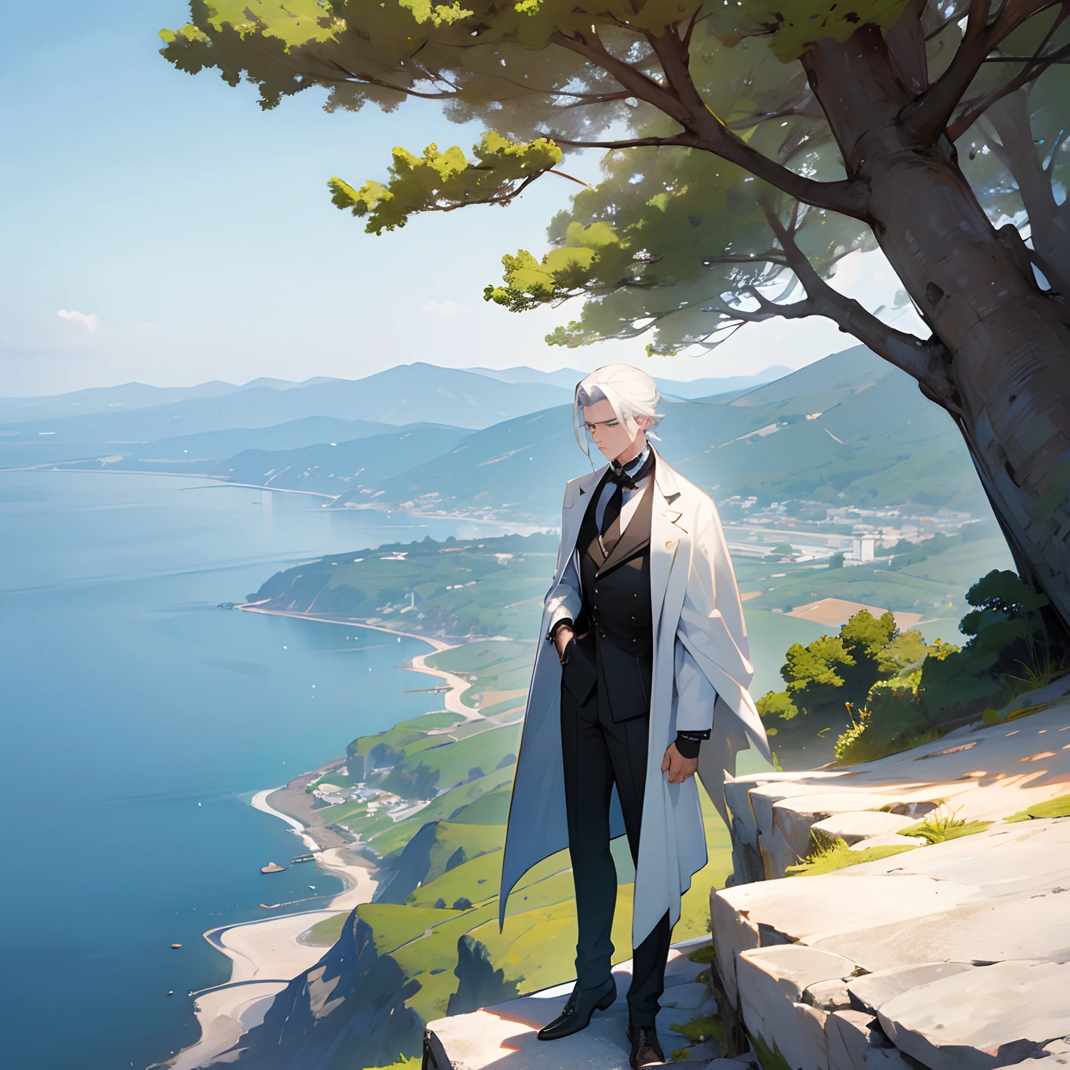 A very handsome man with white hair standing in a top of cliff, mountain view at shore