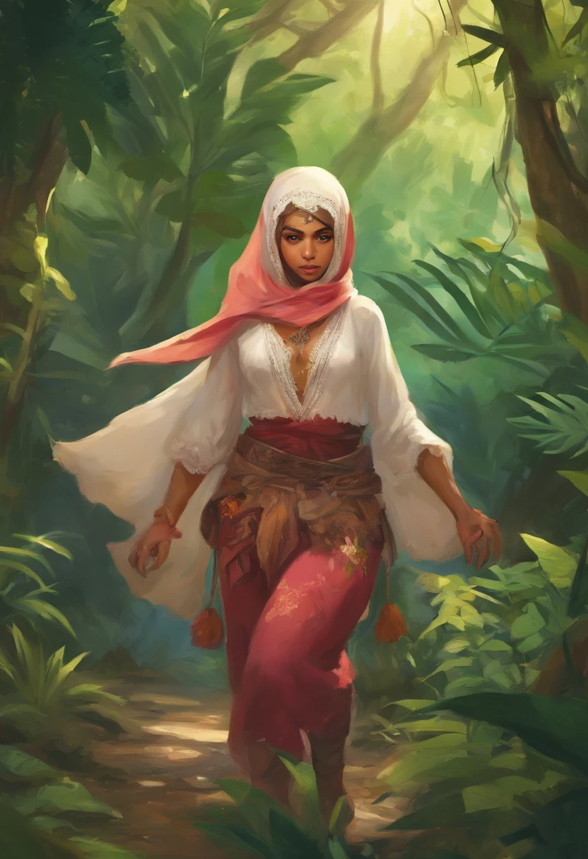 Sexy cute malay girl in hijab wearing underwear walking in jungle