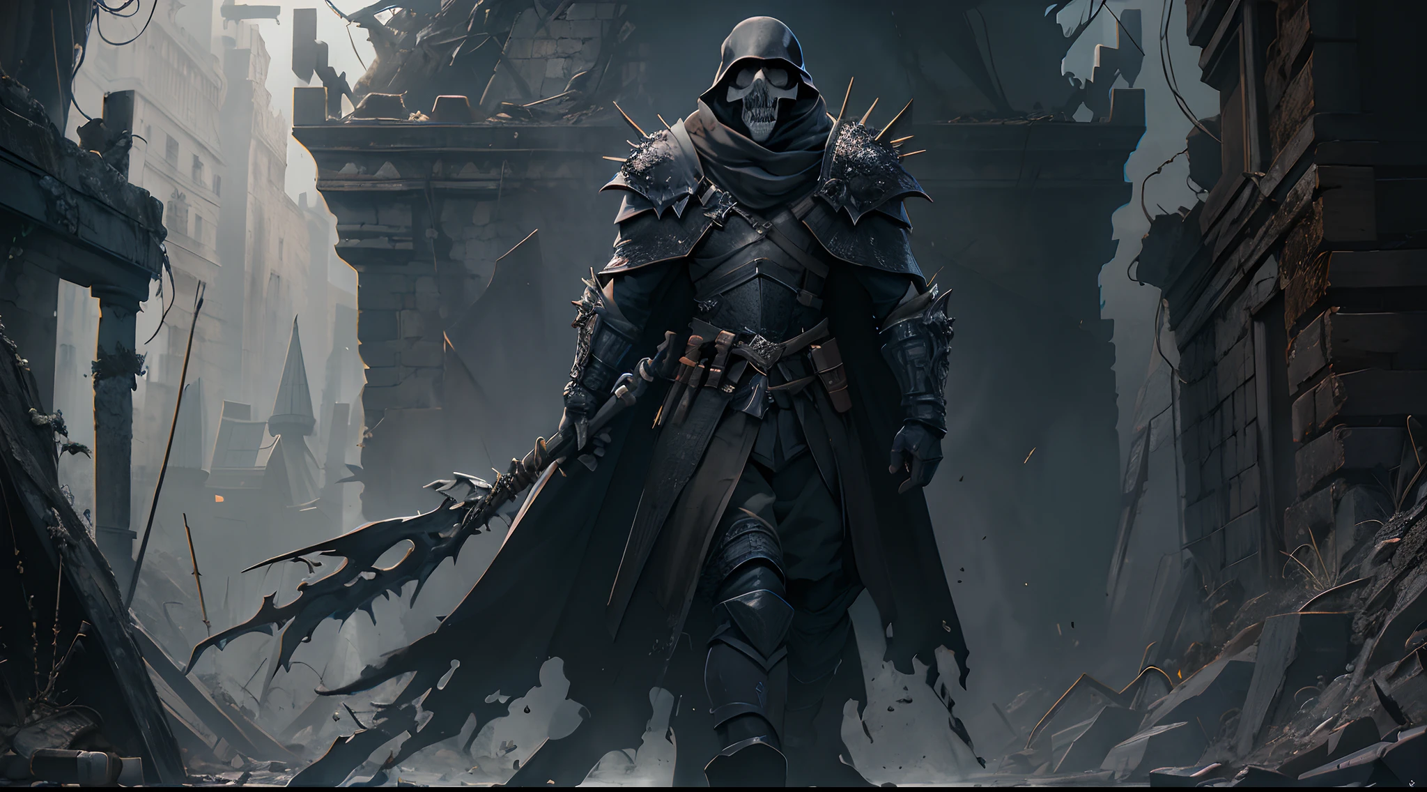 A dark warrior, skull face, black armor, cape blowing, in a gloomy dilapidated temple, inspired by Dark Souls, elden ring, detailed illustration, detailed concept art 4k, ambience