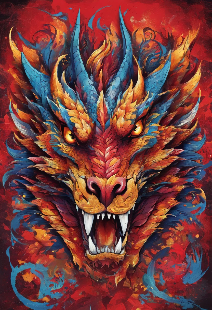 (Dragon celestial dorado) con (ojos penetrantes de color rojo),primer plano soltando (fuego de sangre) por la nariz,escamas bulumetricas,alta calidad,8k,muchos detalles,paticulas de fuego,alas,4patas,garraz manchadas,oro,peligro,fuego,dientes filosos,dragon gigante,colosal,amenazante,imponente,escamas azules