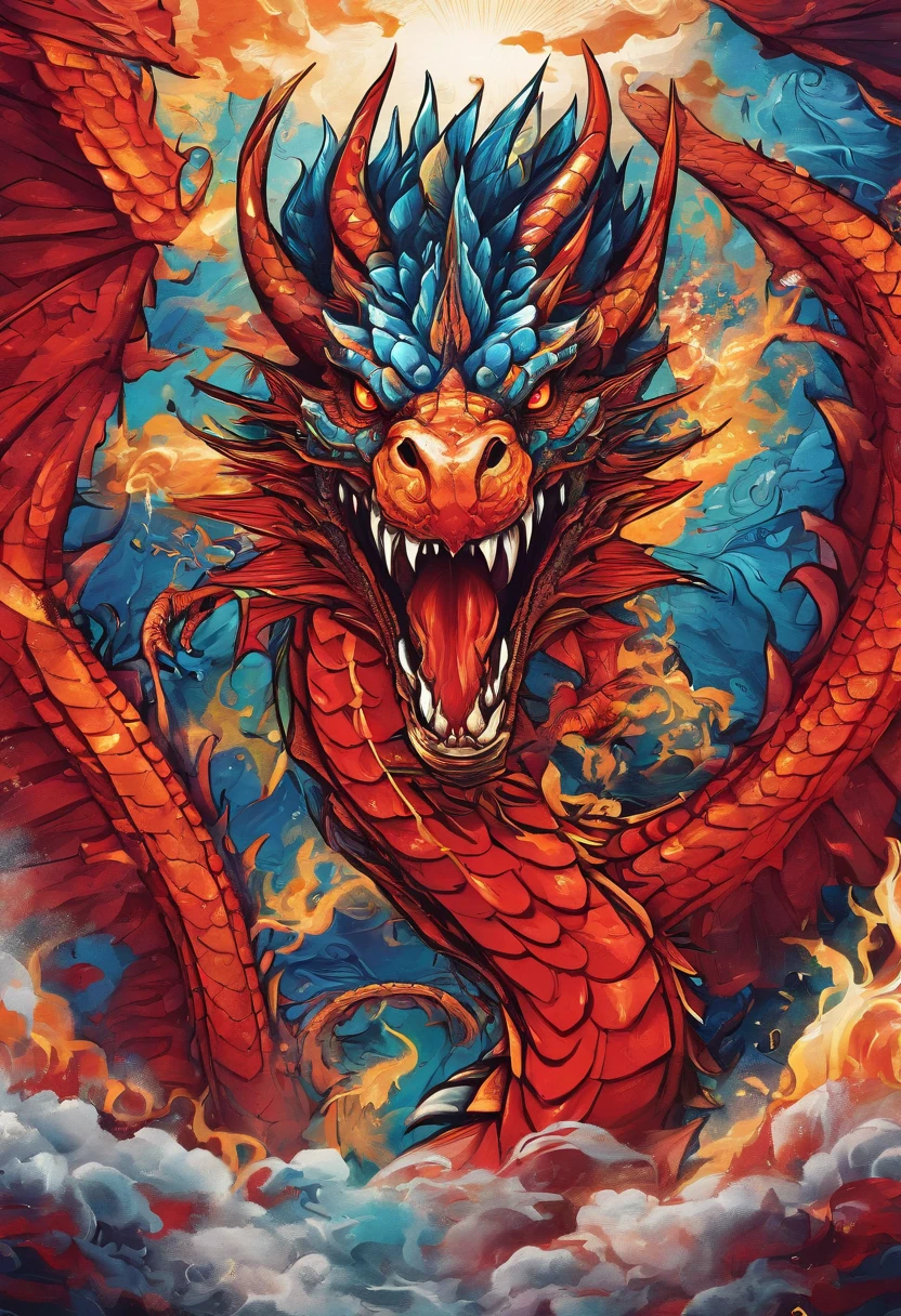 (Dragon celestial dorado) con (ojos penetrantes de color rojo),primer plano soltando (fuego de sangre) por la nariz,escamas bulumetricas,alta calidad,8k,muchos detalles,paticulas de fuego,alas,4patas,garraz manchadas,oro,peligro,fuego,dientes filosos,dragon gigante,colosal,amenazante,imponente,escamas azules