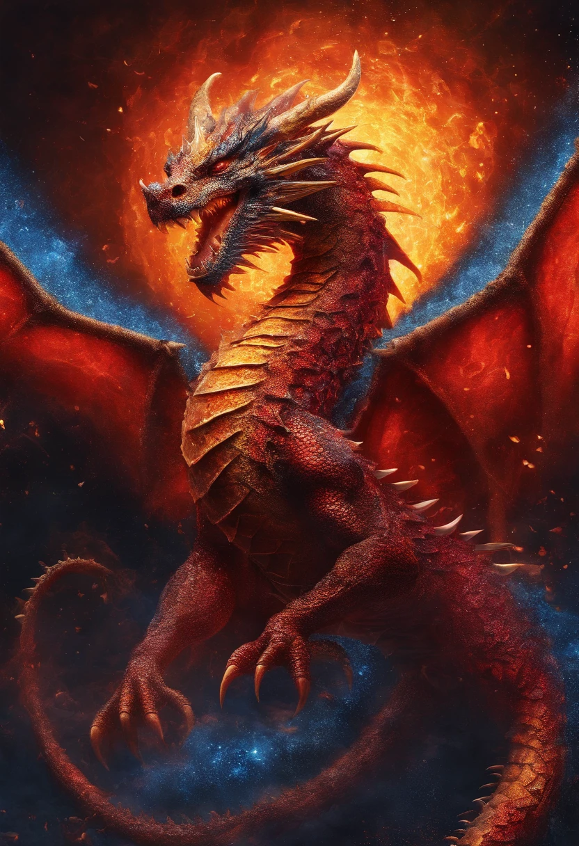 (Dragon celestial dorado) con (ojos penetrantes de color rojo),primer plano soltando (fuego de sangre) por la nariz,escamas bulumetricas,alta calidad,8k,muchos detalles,paticulas de fuego,alas,4patas,garraz manchadas,oro,peligro,fuego,dientes filosos,dragon gigante,colosal,amenazante,imponente,escamas azules
