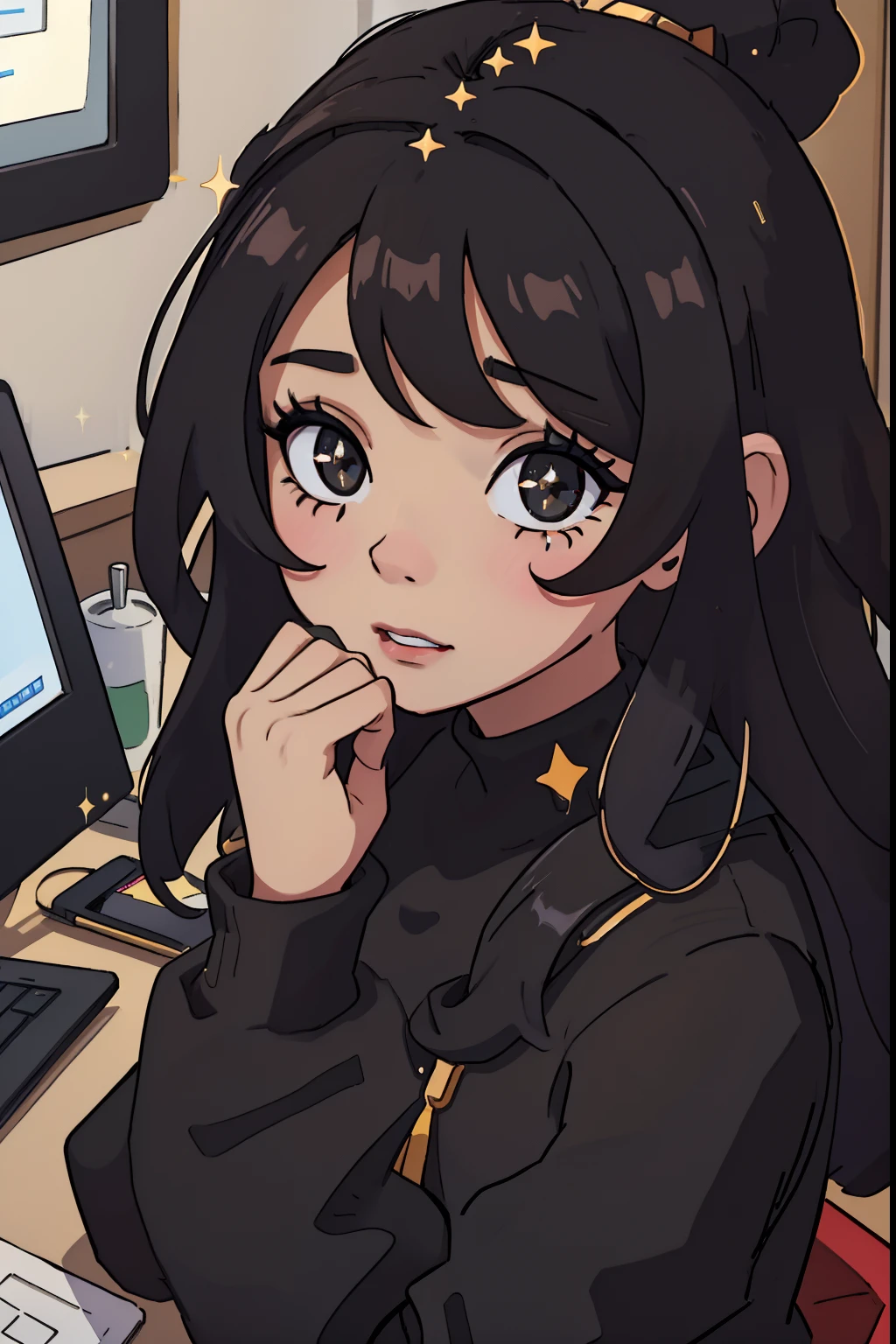 A modern girl, brown skin, black long hair, sparkling simple make up, sparkling face, sparkling lips, black clothes, high quality pictures, her and her computer, sparkling pictures