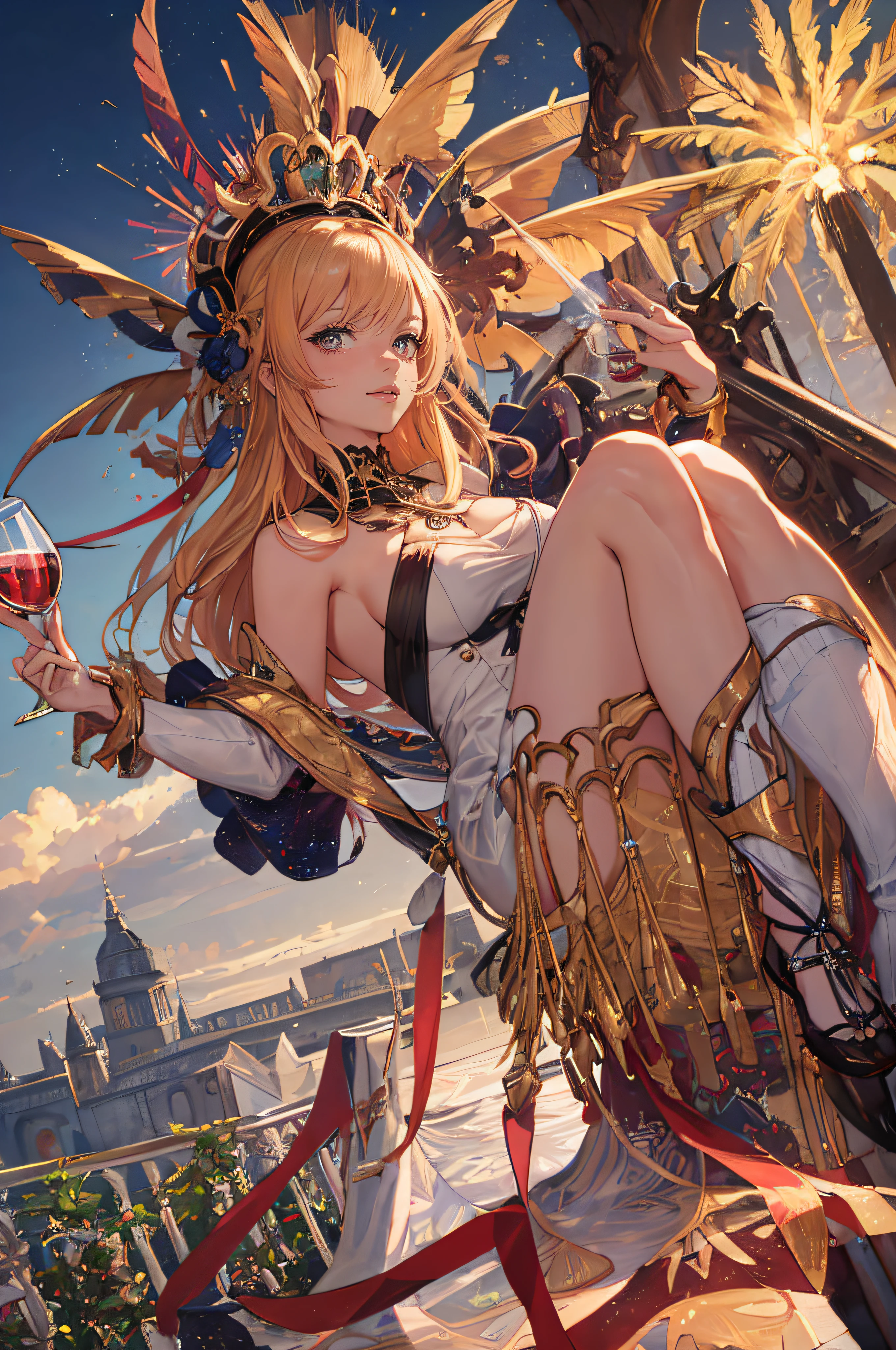 ((A sexy and beautiful woman holding a wine glass and looking at me on the terrace)), ((The cutest 22-year-old beauty)), Charming smile, ((Fireworks in the background) ), ((Very long hair) ), ((One piece with a lot of exposed parts)), ((Rich bust)), Gradient eyes, Seductive makeup, Single view, NFFSW, UHD, Retina, Masterpiece, Accurate, Anatomy Scientifically correct, textured skin, super detail, high detail, high quality, award winning, highest quality, high resolution, 1080P, HD, 4K, 8k, 16k