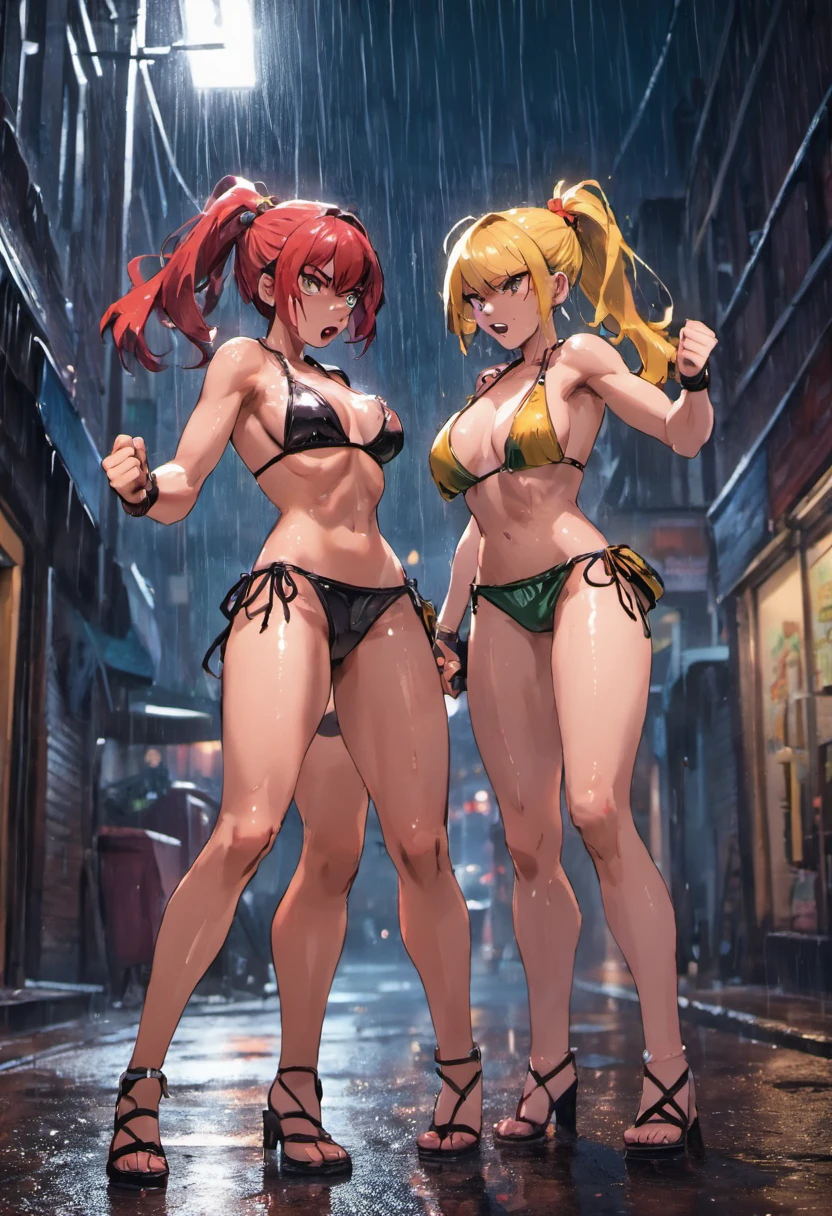 2girls,(fighting stance),face to face,angry, in a rain soaked street at night, photorealistic, cinematic lighting,(bikini)