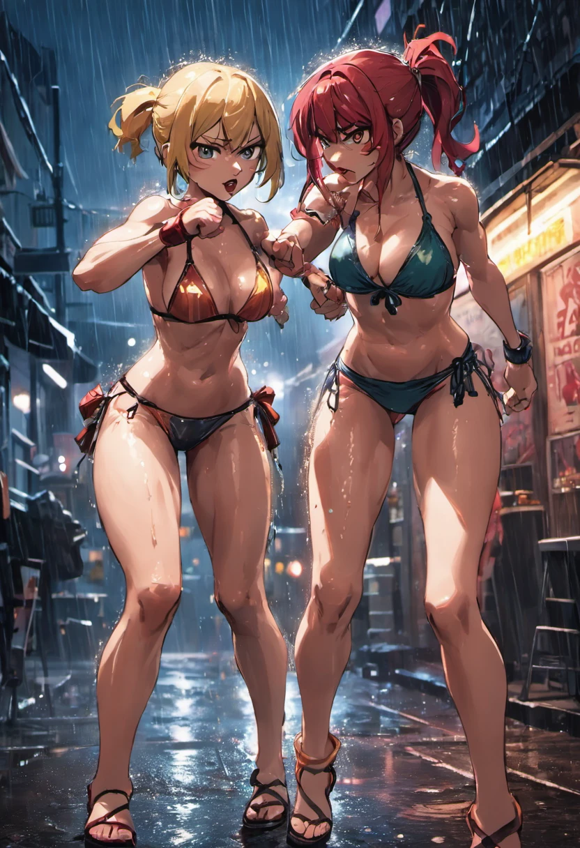 2girls,(fighting stance),face to face,angry, in a rain soaked street at night, photorealistic, cinematic lighting,(bikini)