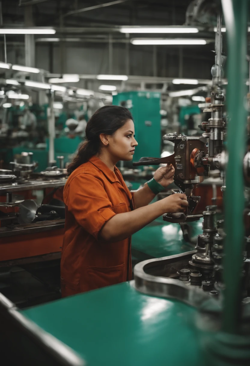 Assembly line factory,Machinary,A worker holds a large hair mirror to check the quality of parts