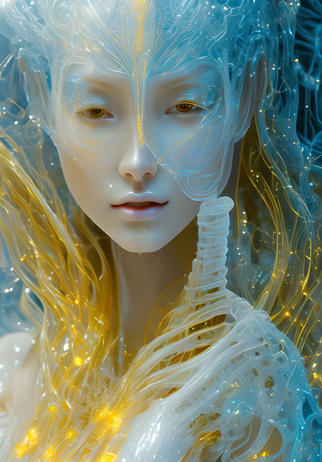 translucent women in biomechanical body, liquid cooling, intricate circuits, beautiful, elegant, white gradient with orang, yellow and golden smoke and blue crystal liquid, stunning, render, hyper realistic, octane render