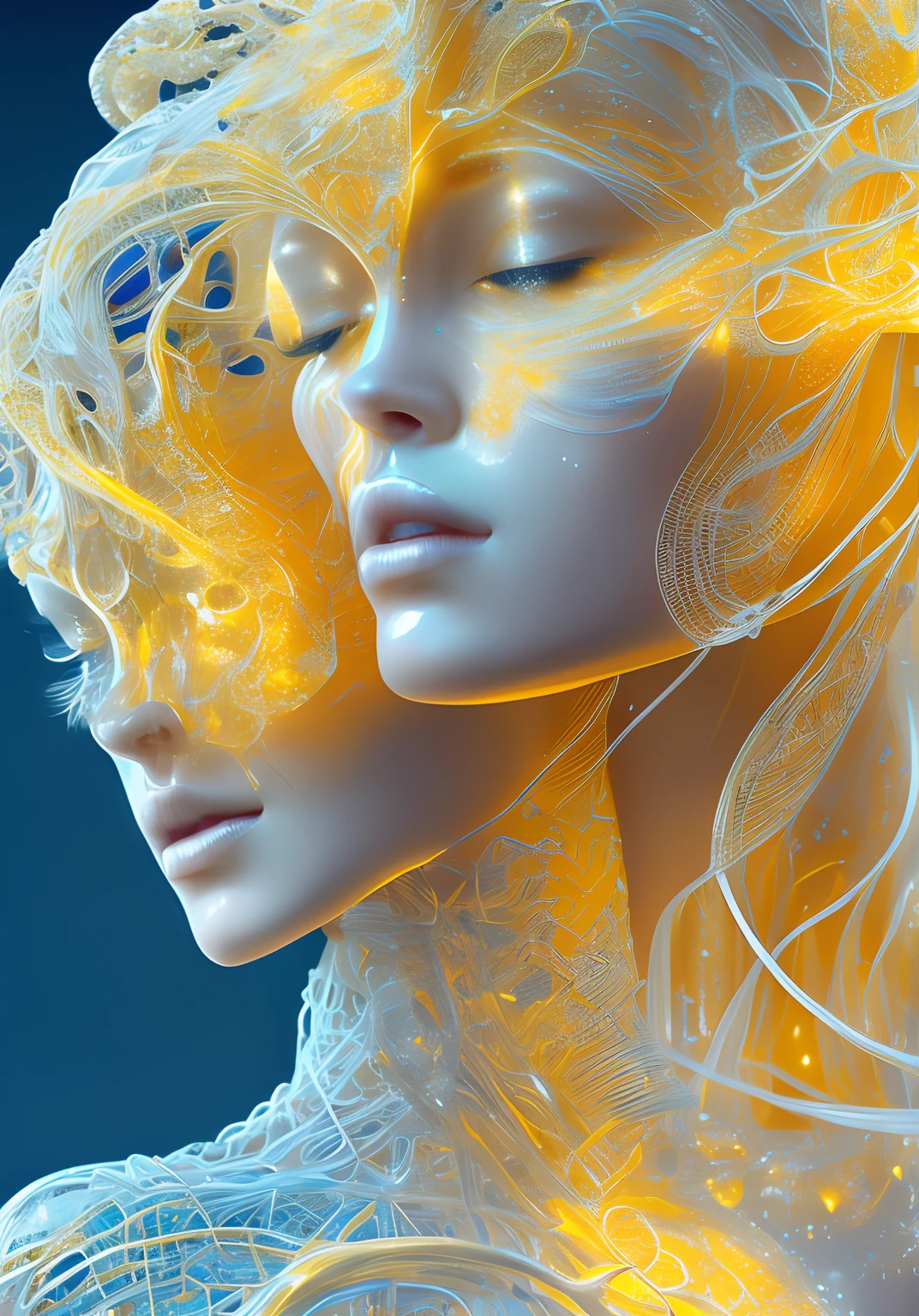 translucent women in biomechanical body, liquid cooling, intricate circuits, beautiful, elegant, white gradient with orang, yellow and golden smoke and blue crystal liquid, stunning, render, hyper realistic, octane render