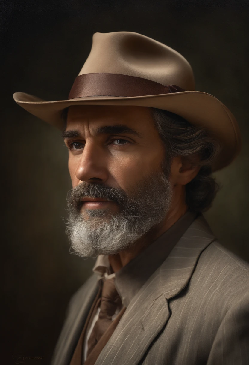 pedro,medium:oil painting,(best quality,4k,8k,highres,masterpiece:1.2),ultra-detailed,(realistic,photorealistic,photo-realistic:1.37),portrait,serious expression,bearded man,aged man,dark eyes,weathered skin,facial wrinkles,gray hair,elegant suit,brown hat,closed lips,strong jawline,studio lighting,vivid colors,warm tones,subtle shadows,concentrated gaze,aged hands,fine brushwork,detailed texture,traditional background,impressive background detail