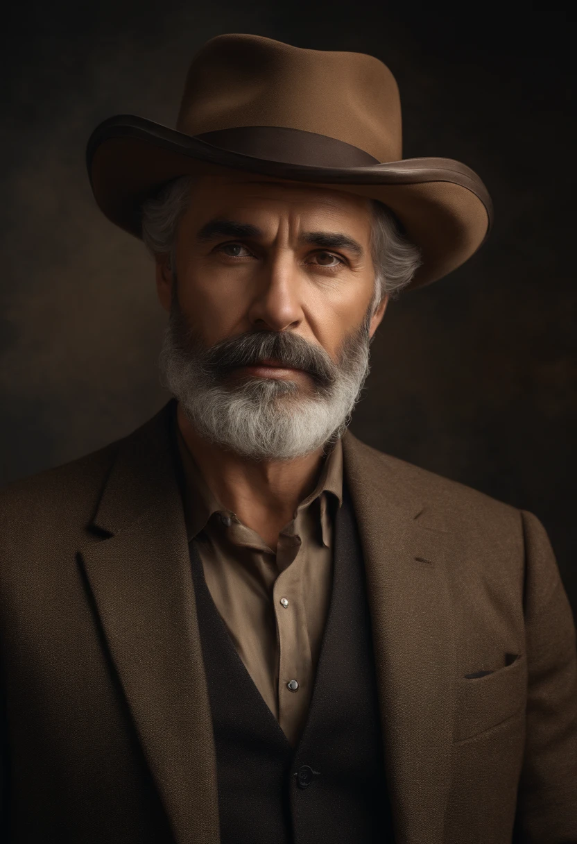 pedro,medium:oil painting,(best quality,4k,8k,highres,masterpiece:1.2),ultra-detailed,(realistic,photorealistic,photo-realistic:1.37),portrait,serious expression,bearded man,aged man,dark eyes,weathered skin,facial wrinkles,gray hair,elegant suit,brown hat,closed lips,strong jawline,studio lighting,vivid colors,warm tones,subtle shadows,concentrated gaze,aged hands,fine brushwork,detailed texture,traditional background,impressive background detail
