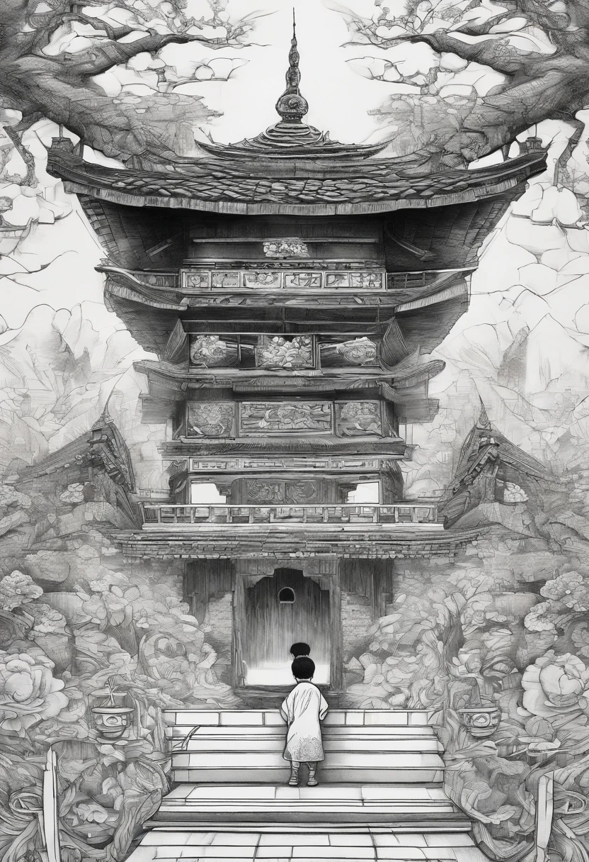 A 7 years oling Kung Fu with a Tibetan style hut behind him, child practicing kung fu at a Kung Fu palace, child standing on a bridge with a river running underneath him, masterpiece, super high definition, super high detail, super high detailed face, super high detailed weapon