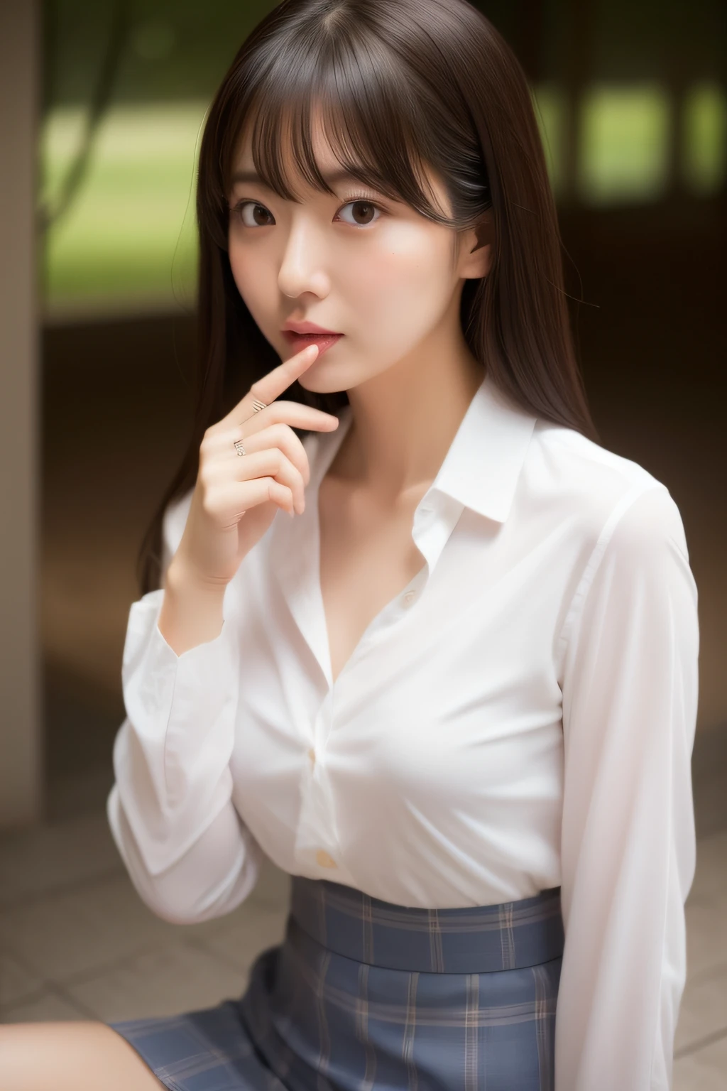 nffsw、obscenity, , Wearing a suit、Spread your legs open, Pleasure, White button-up shirt、tight skirts, Sex Expressions、Photos of women in Japan、sface focus、simple background、japanaese girl、Sunnyday、full body Esbian（（（Very beautiful portrait））、（（glistning skin））、Shallow depth of field、natural soft light、Smaller chest、blush,