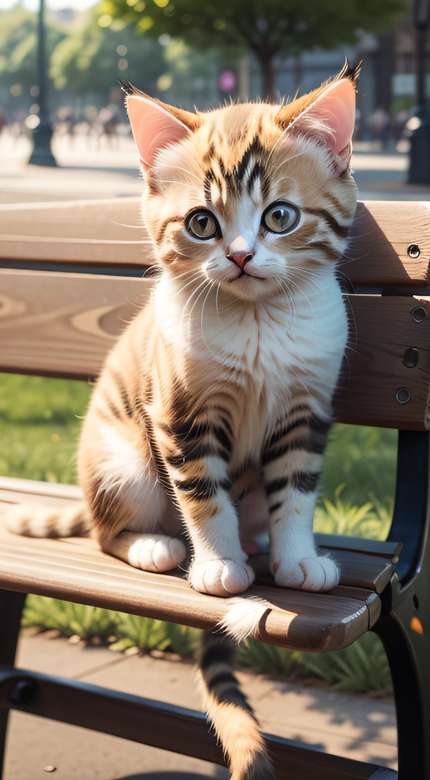 A cute kitten lying on a park bench,Fine eyes。