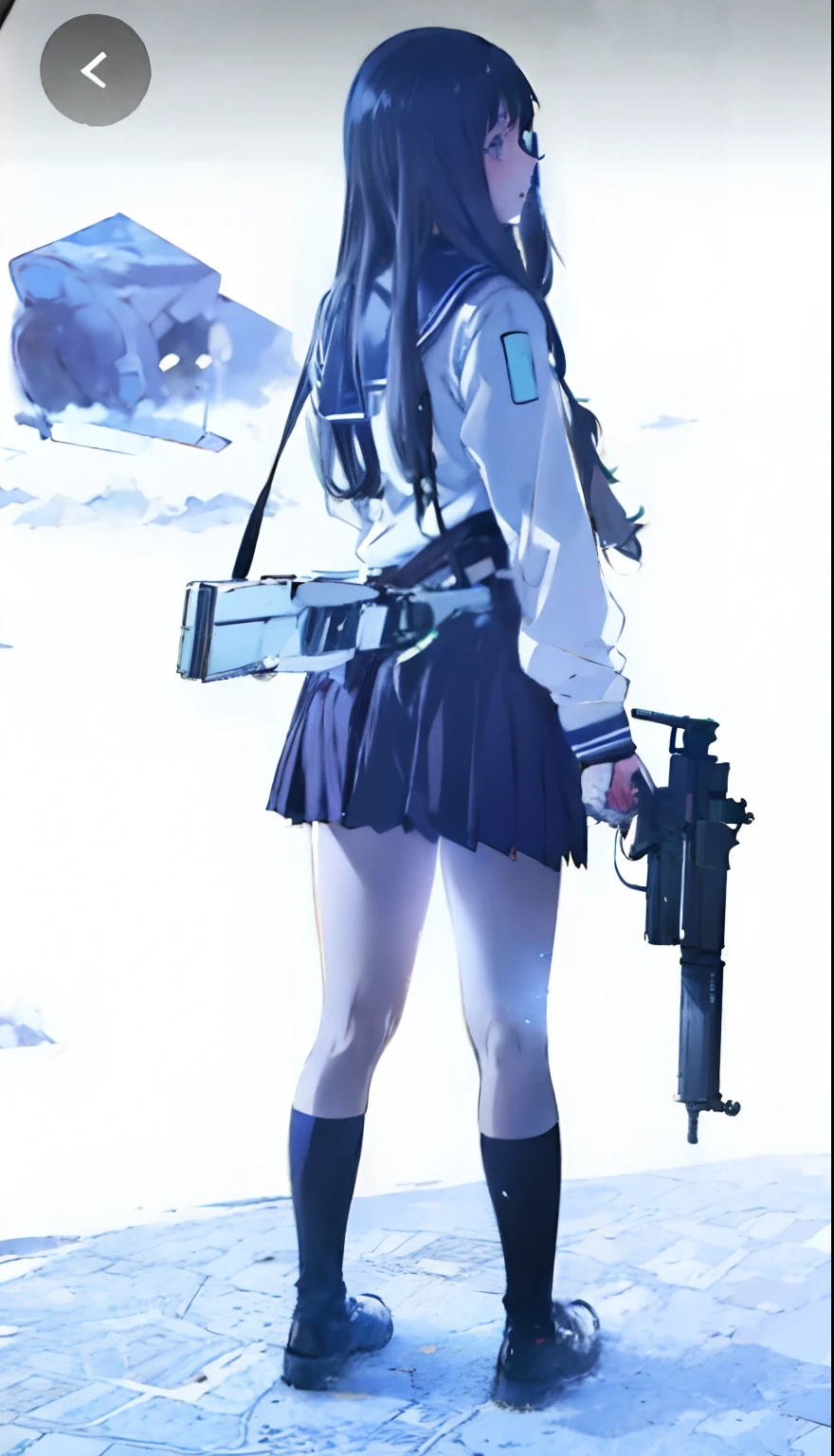 There is a woman in uniform with a gun and a gun case, cyber school girl, Anime girl cosplay, Japan school uniform, with rifle, japanese girl school uniform, a hyperrealistic schoolgirl, Ayaka Cosplay, JK Uniform, real life anime girl, Seifuku, Anime Cosplay, girls frontline style, railgun, M4 Sopmod II Girls Frontline