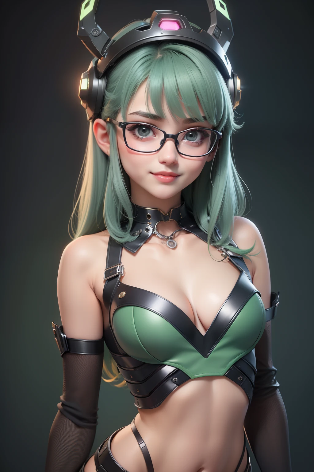 1 cute girl (18yo) glasses, upper body, slim waist, small natural breast, sexy pose, seductive face, bangs, random hairstyle, cleavage, navel, collar, collarbone, off shoulder, seductive smile, wear intricately detail hot and sexy outfit, robotic costume, wear unique helmet, green color, upper body. flat gray color for background