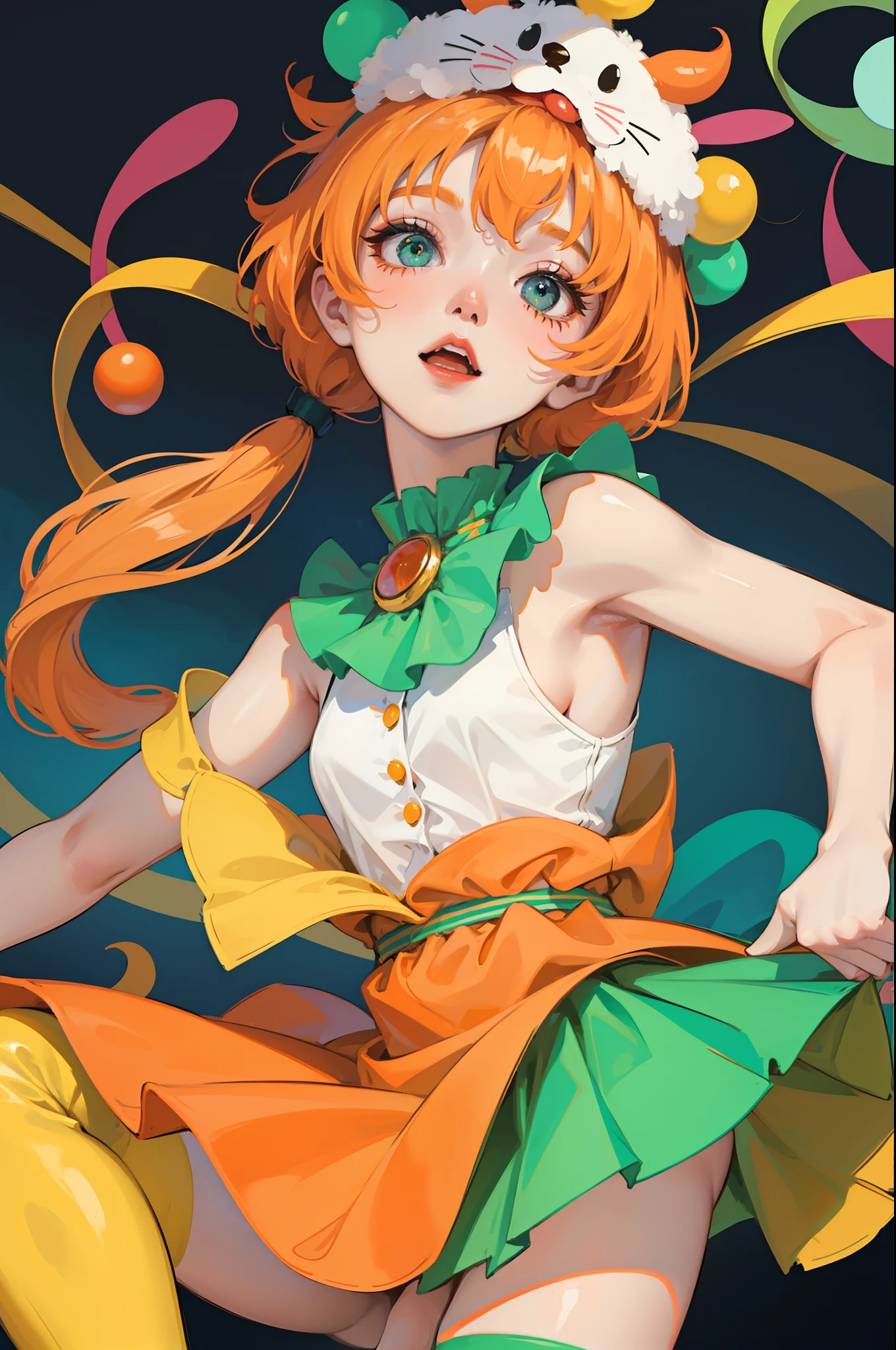 girl with short orange hair, cute face, green big eyes, heterochromia eyes, one eye yellow other eye green, detailed features, clown, waist up figure, neutral expression, simple background, full figure, looking at the viewer from afar, front facing, simple one color background, detailed face, straight pose, clown girl, clown makeup, circus vibes, high quality, pigtails, clown, colorful circus and clown vibes, fun pose, dynamic lights