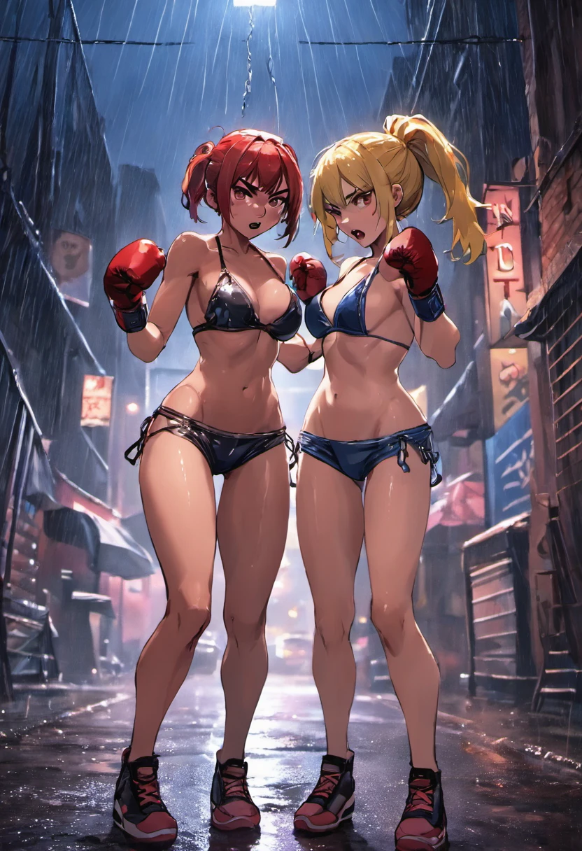 2girls,(boxing),face to face,angry, in a rain soaked street at night, photorealistic, cinematic lighting,(bikini)