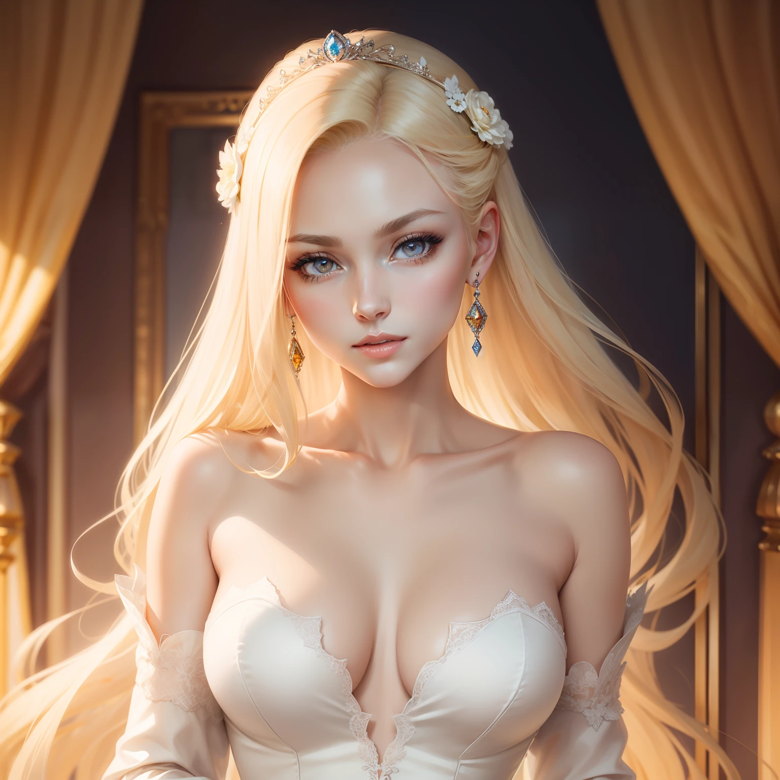 a super beautiful girl, Royal princess, Neat and elegant, Fearless and dignified, pretty and cute, Intelligent and smart, thoughtful and gentle, Gorgeous and delicate, hyper-detailed face, strong and striking amber eyes, Bright eyes, Ultra detailed eyes, Skinny Face, pale shiny skin, Straight silky blonde hair, Sober but super high-quality accessories