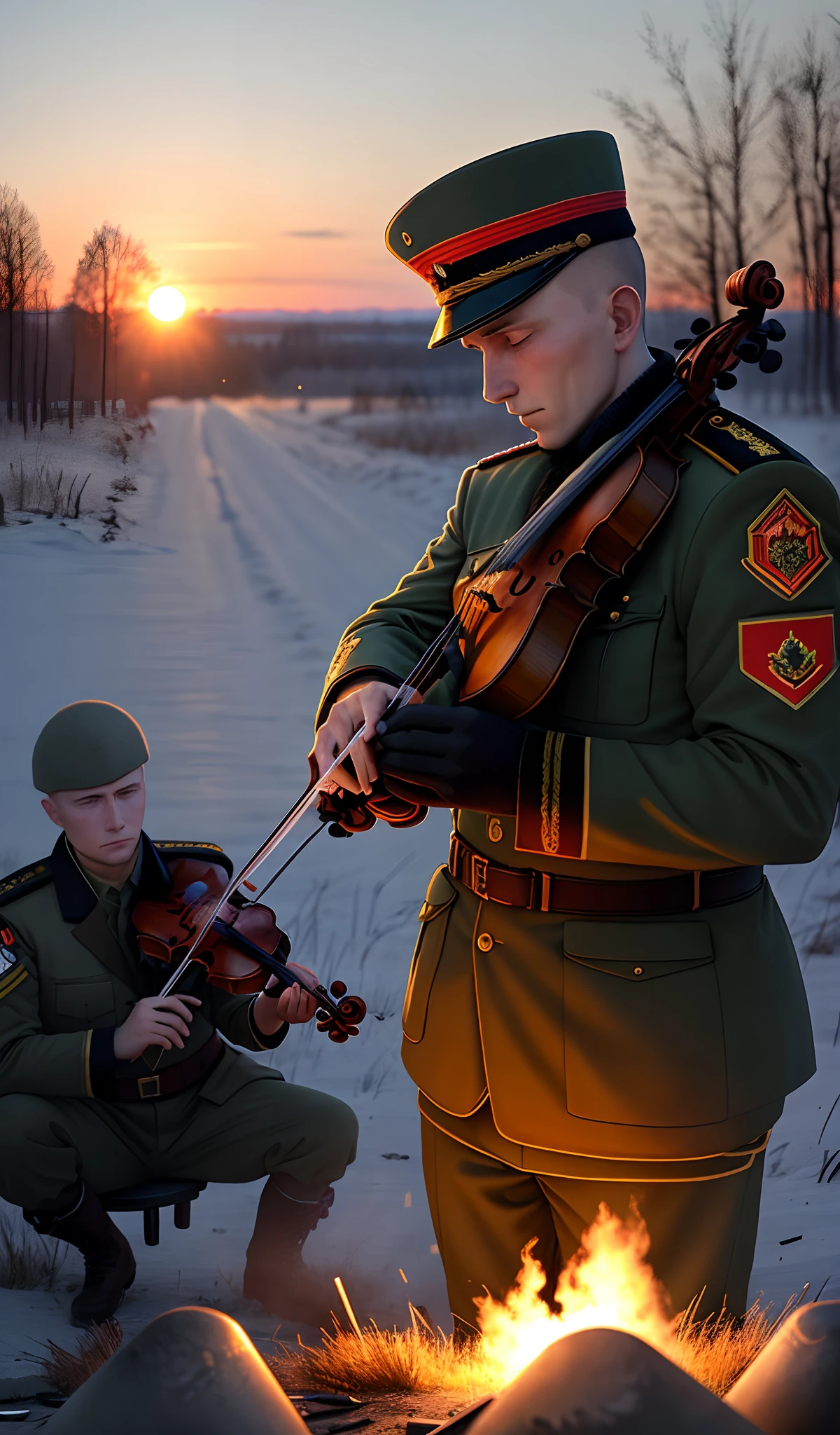 On the Russian-Ukrainian battlefield，The sun sets，A man in Russian military uniform plays a violin next to a mortar
