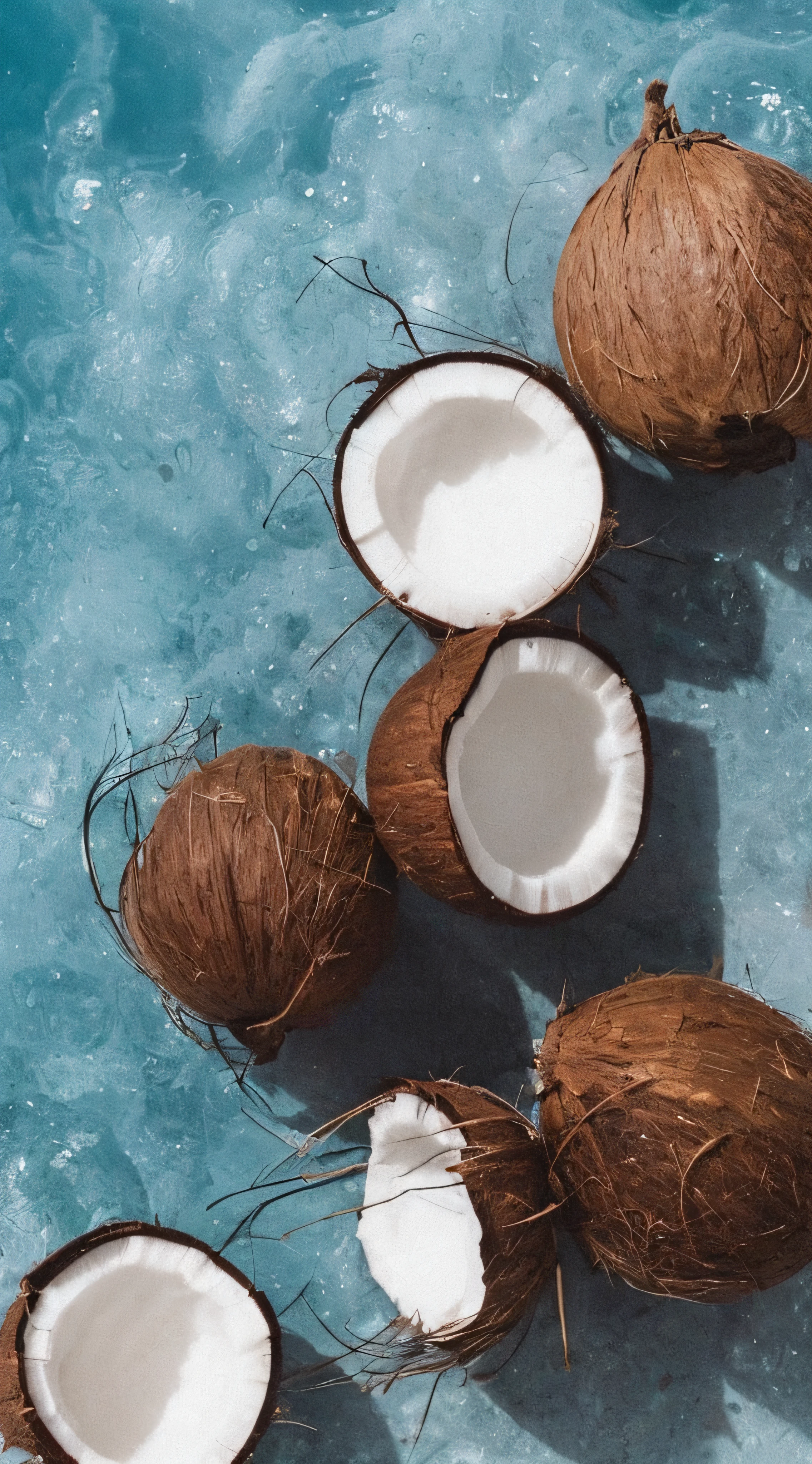 The coconuts are arranged on a blue surface with water in the background, Cocos, 🦩🪐🐞👩🏻🦳, 🐿🍸🍋, textura rica, 💋 💄 👠 👗, frio como gelo! 🧊, Directed by: Johannes Martini, Coqueiros, Costa do Sol, Coqueiros, Em um Canva, holiday season