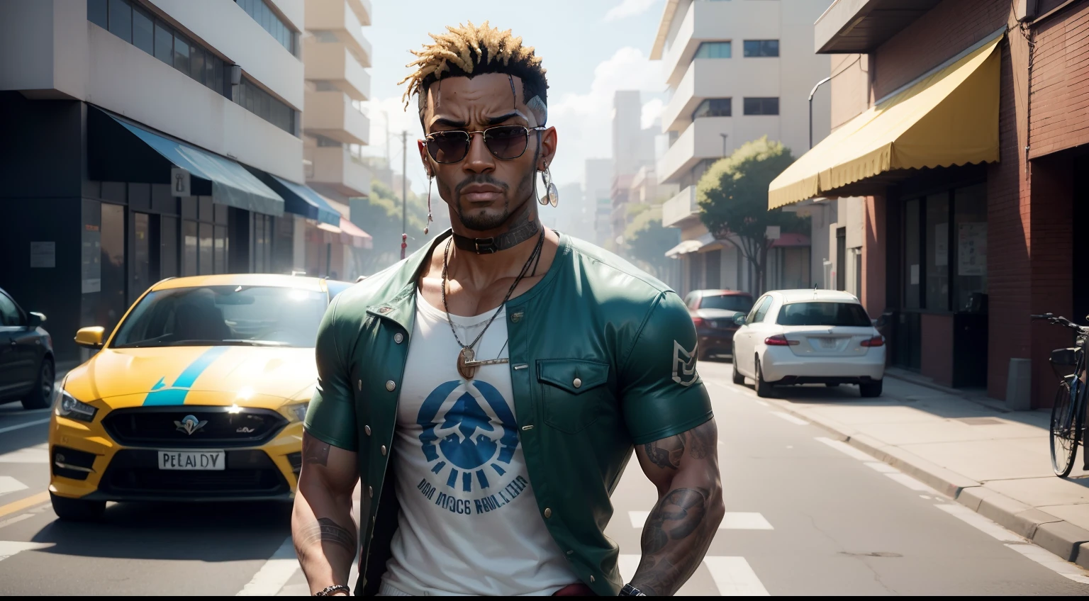Man with a crown and sunglasses standing in a parking lot, gta personagem, como um personagem de gtav, gta 6 estilo, gta 5 tom de pele, Estilo de GTA V, neymar em gta v, gta v street style, gta v personagem, 2 k aesthetic, gta5 estilo, vestindo uma camisa tie-dye, ( ( pele escura ) )